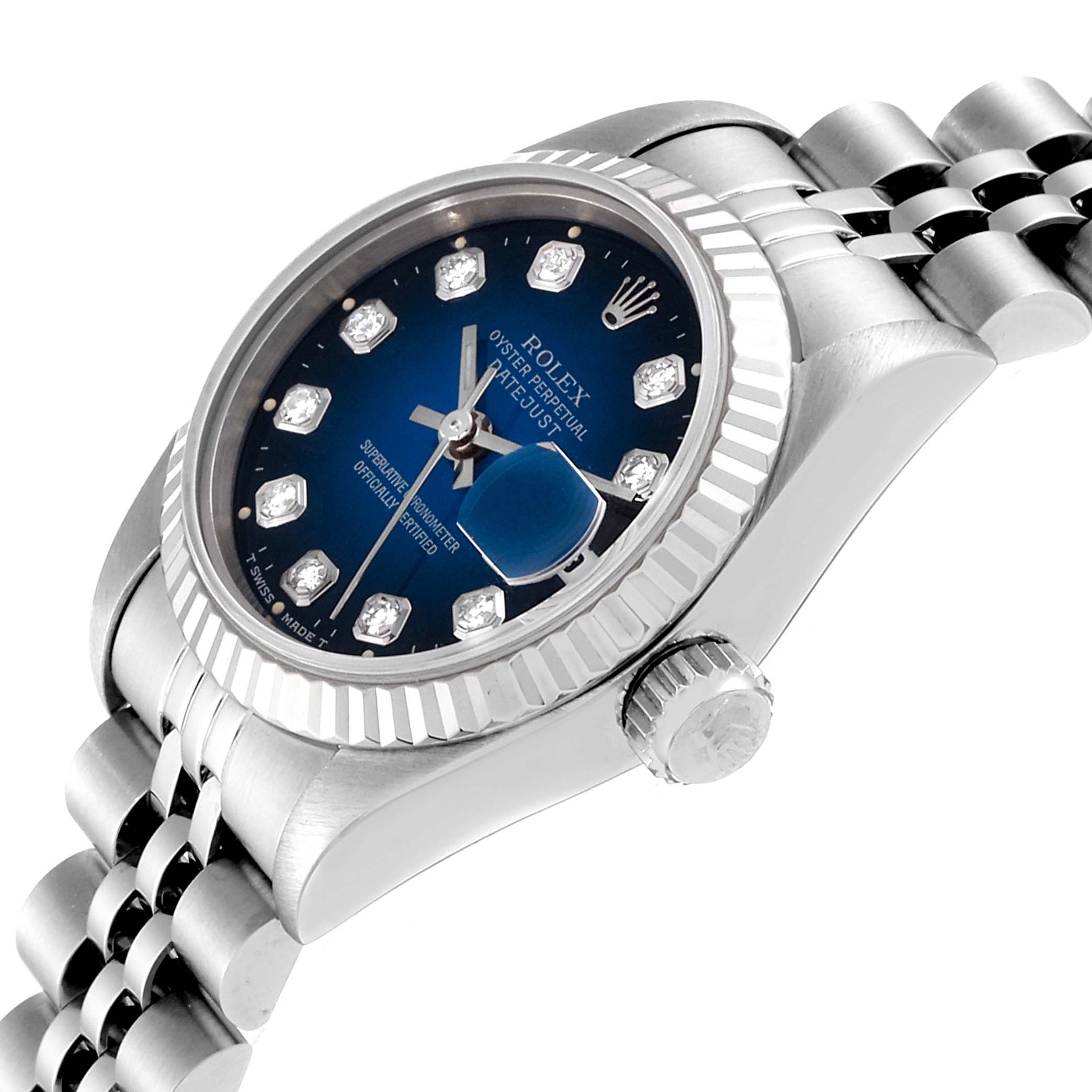 The image shows a side angle of a Rolex Datejust 69174 Women's Stainless Steel Blue Dial 69174 Women's Stainless Steel Blue Dial watch, highlighting the bezel, crown, dial, and part of the bracelet.