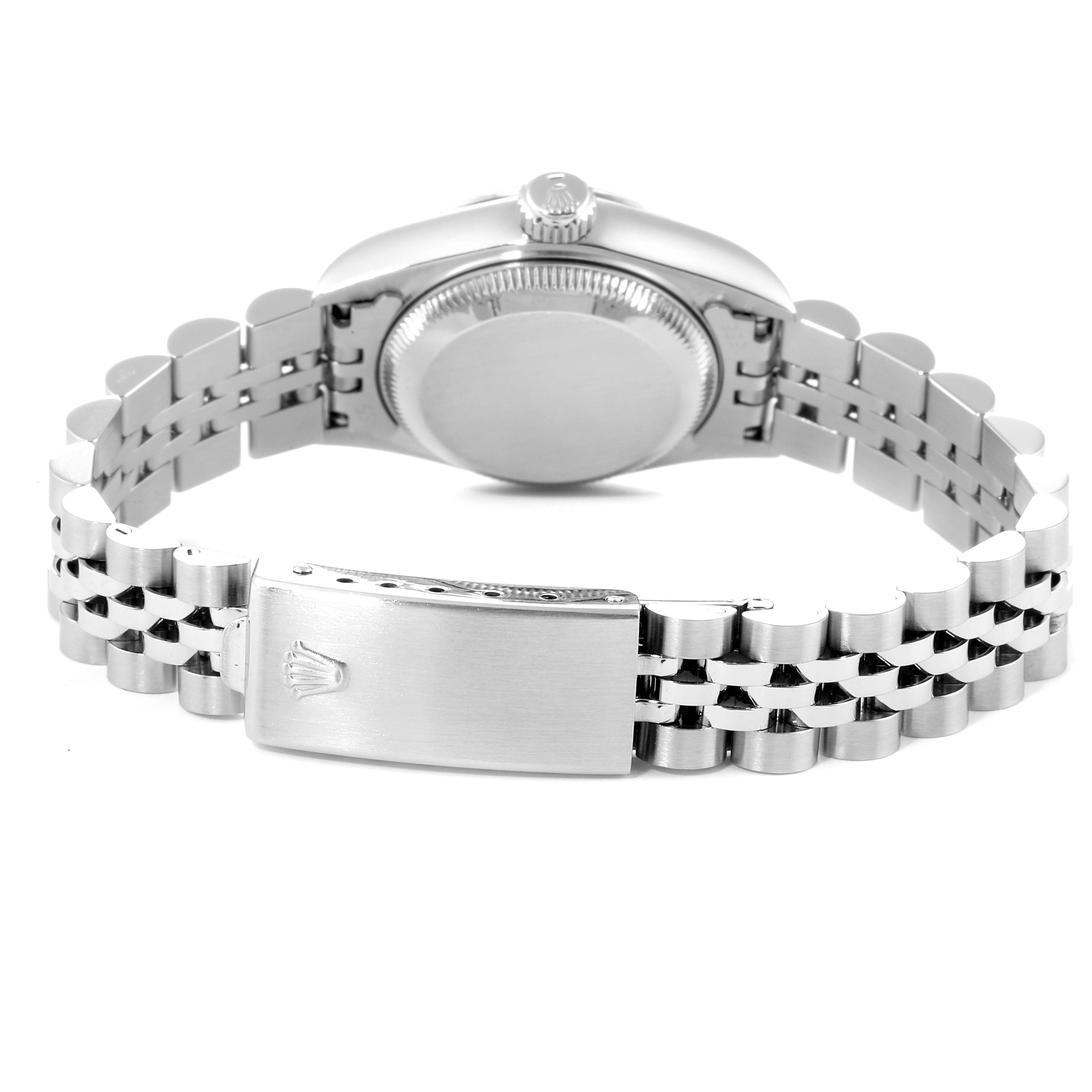 This image shows the back angle of the Rolex Datejust 69174 Women's Stainless Steel Blue Dial 69174 Women's Stainless Steel Blue Dial watch, highlighting the case back and bracelet clasp.