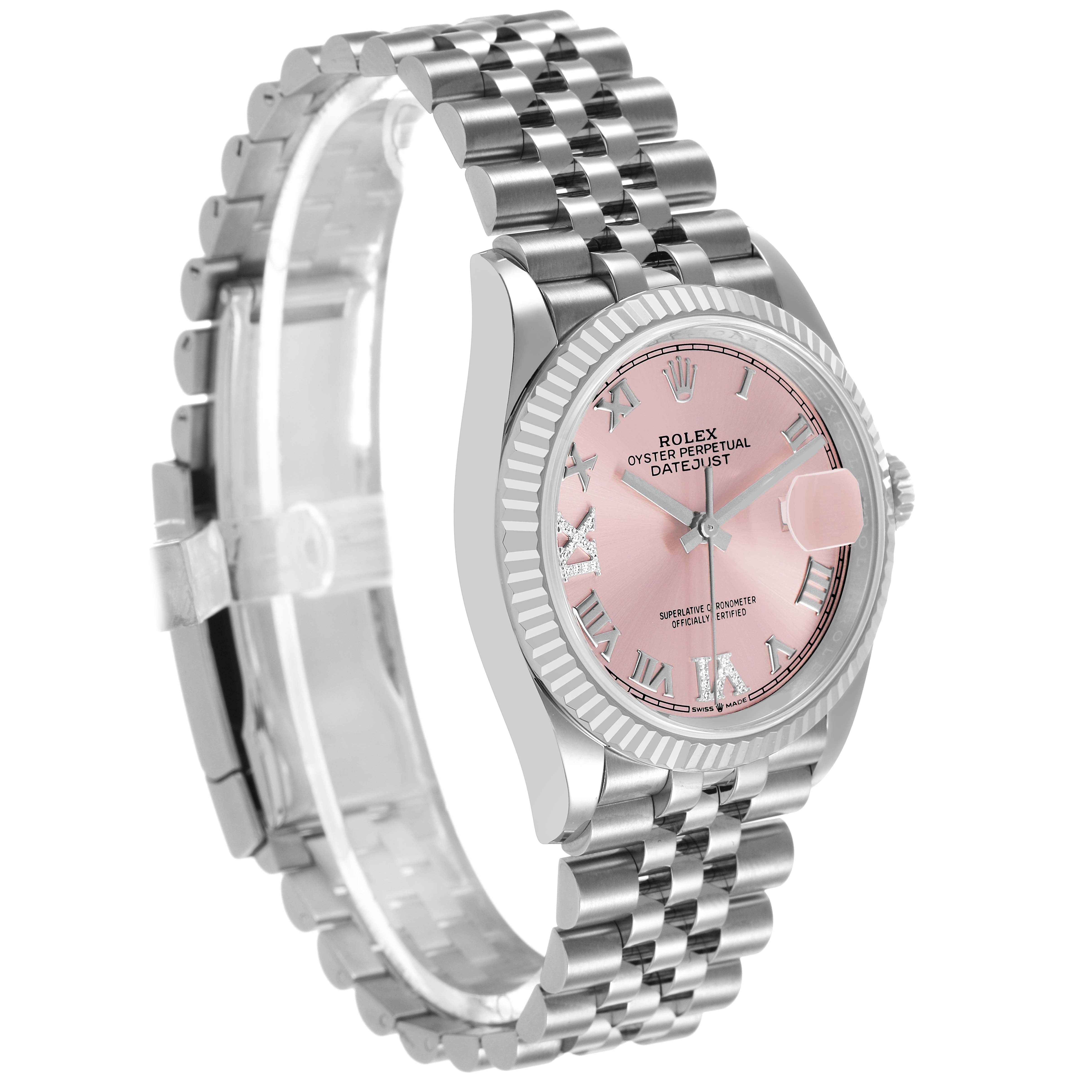 The Rolex Datejust 126234 Men's Stainless Steel Pink Dial watch is shown at a three-quarter angle, highlighting the pink dial, fluted bezel, and Jubilee bracelet.