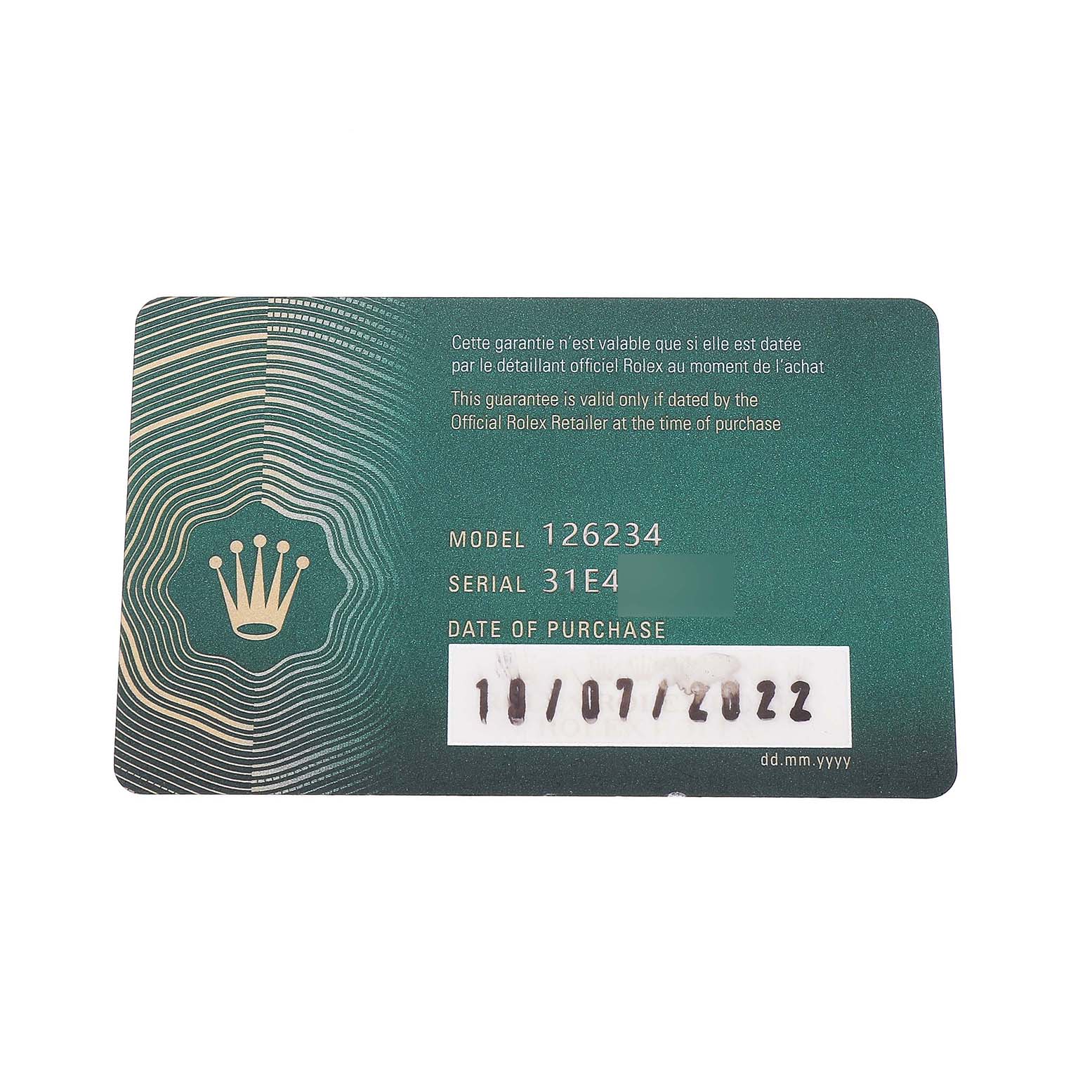 The image shows a warranty card for the Rolex Datejust 126234 Men's Stainless Steel Pink Dial 126234, displaying model, serial, and purchase date.