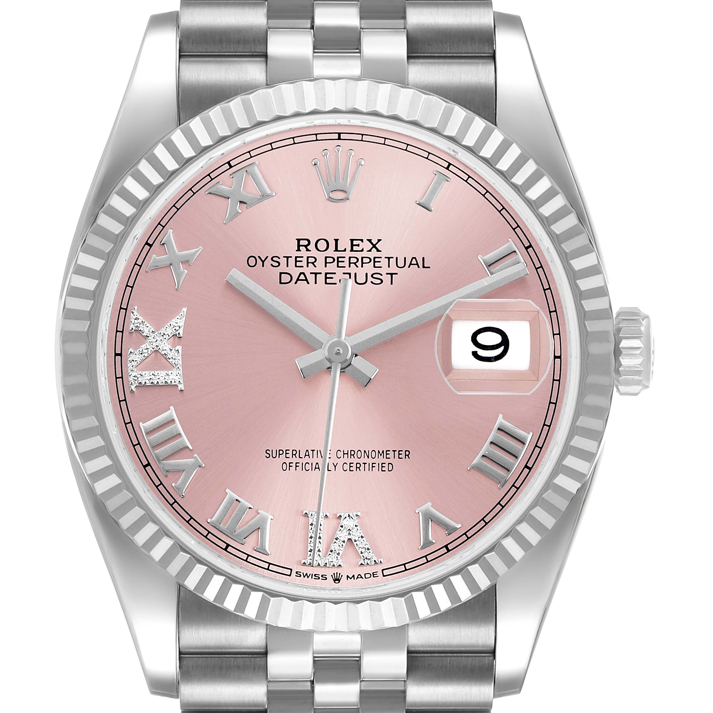 The Rolex Datejust 126234 Men's Stainless Steel Pink Dial is shown from the front, highlighting its pink dial, Roman numerals, Jubilee bracelet, and fluted bezel.
