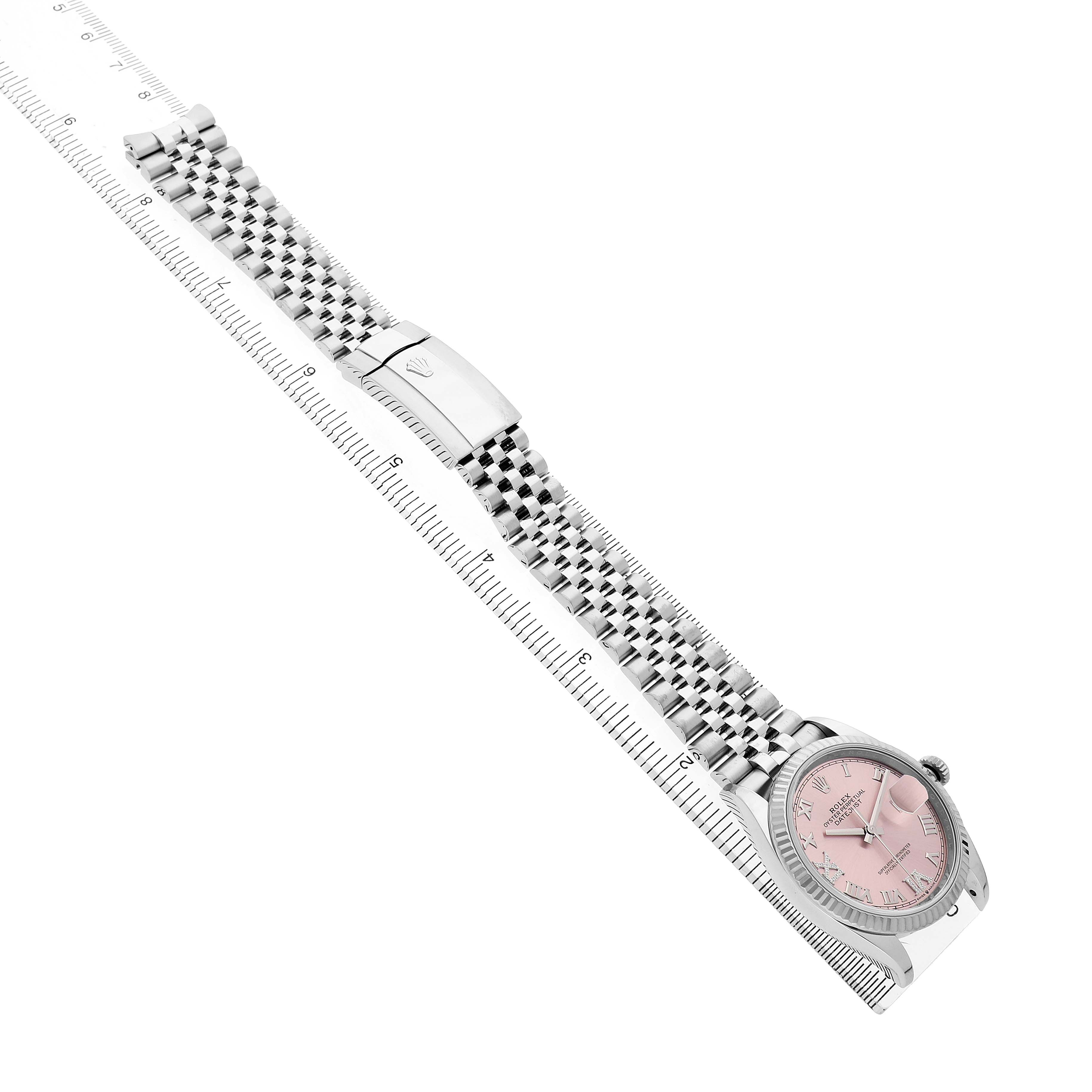 The Rolex Datejust 126234 Men's Stainless Steel Pink Dial watch is shown diagonally, displaying the face, bezel, jubilee bracelet, and clasp.