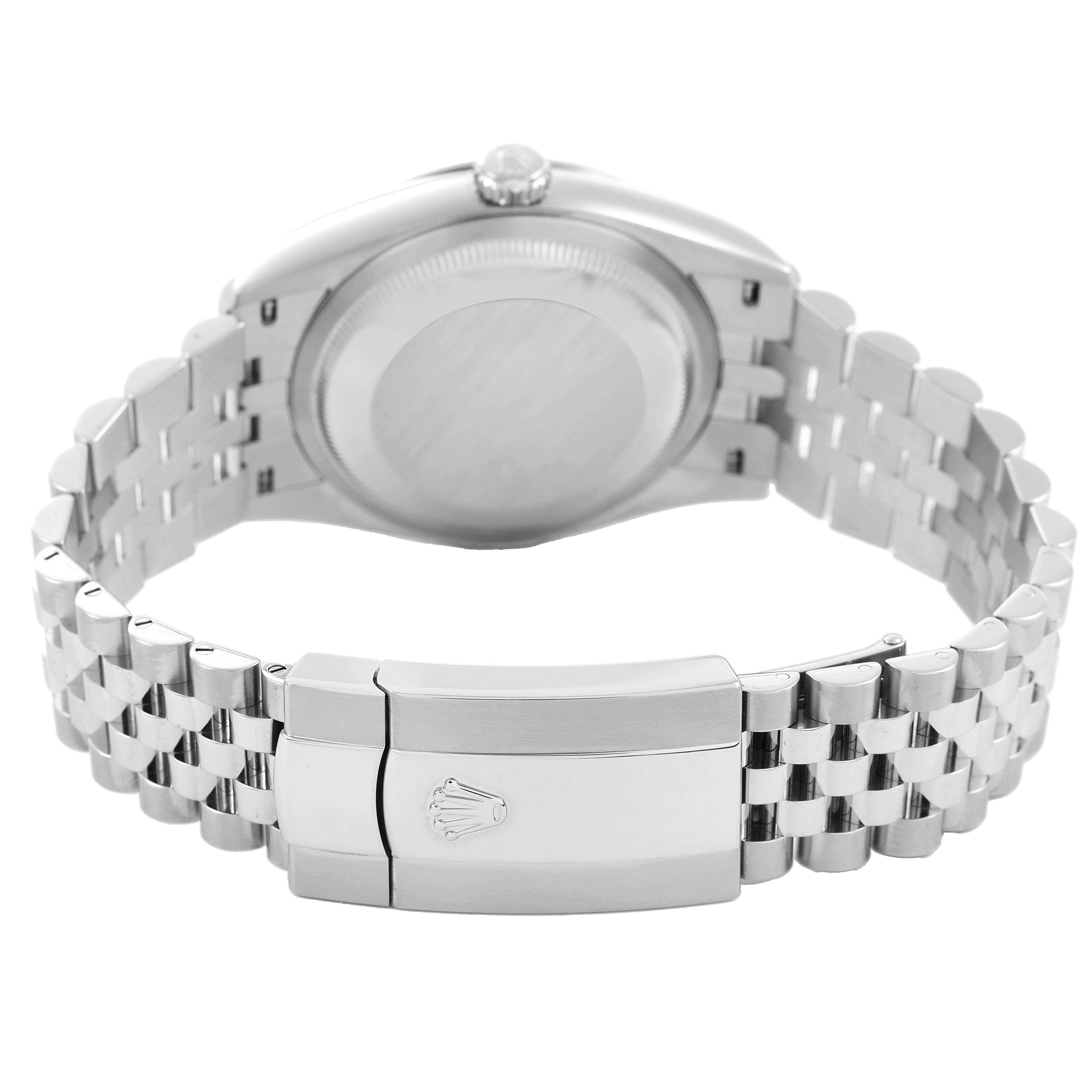 The image shows the back of the Rolex Datejust 126234 Men's Stainless Steel Pink Dial, highlighting the clasp and bracelet links.