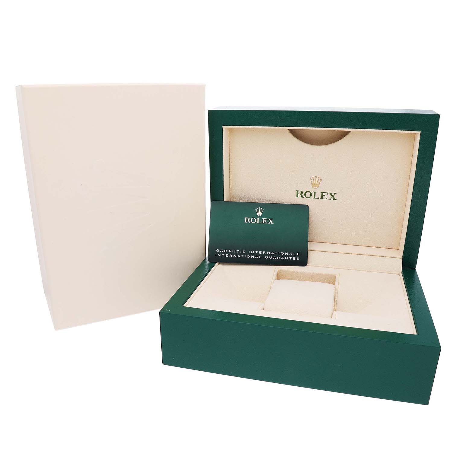 The Rolex Datejust 126234 Men's Stainless Steel Pink Dial packaging includes an open green box, an outer cream box, and a guarantee card displayed at an angle.
