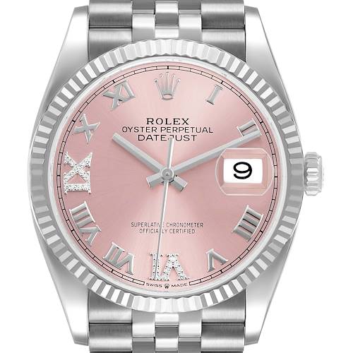 The Rolex Datejust 126234 Men's Stainless Steel Pink Dial watch is shown from the front, highlighting the pink dial, fluted bezel, Roman numerals, and Jubilee bracelet.
