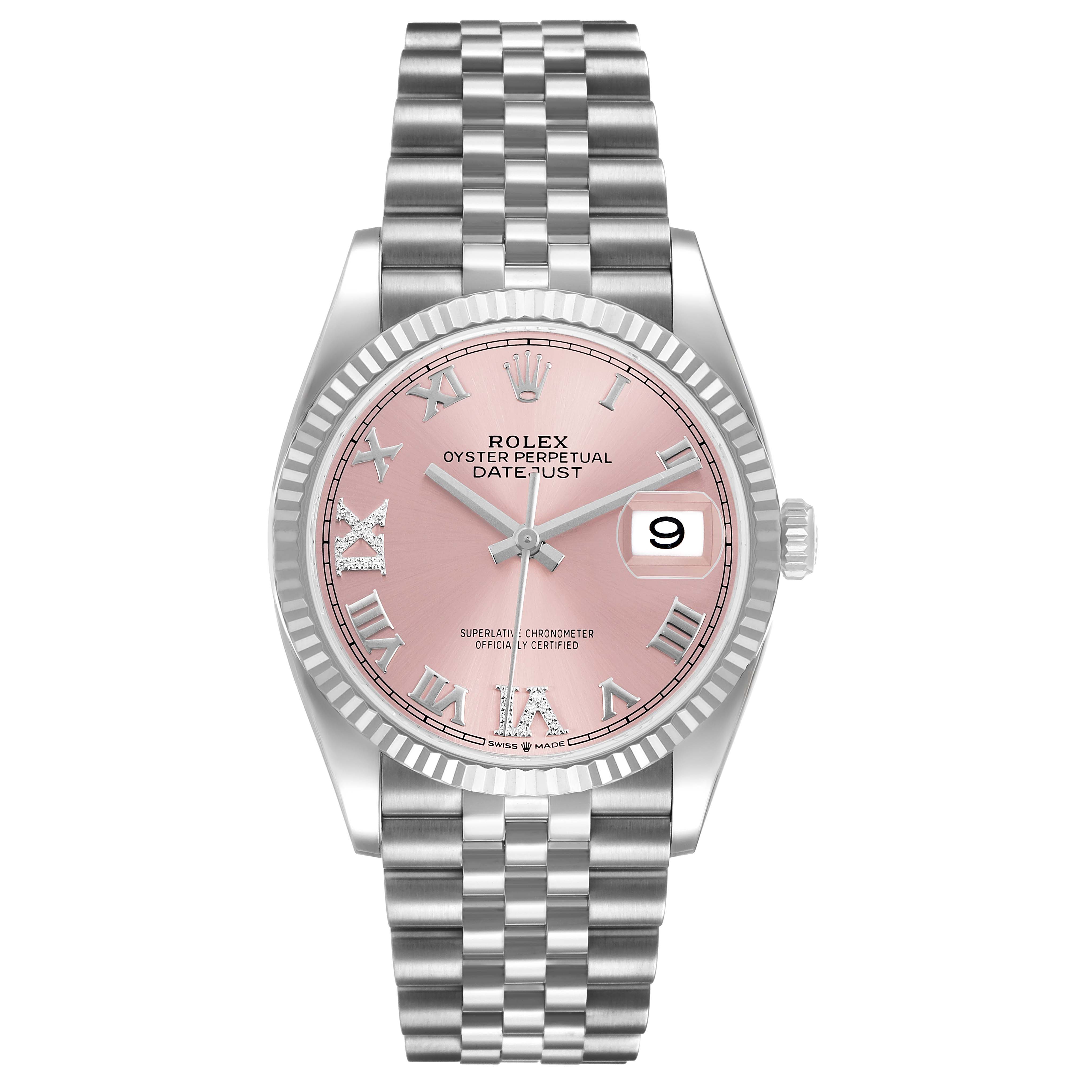 The Rolex Datejust 126234 Men's Stainless Steel Pink Dial watch is shown from the front, displaying its pink dial, Roman numerals, date window, and Jubilee bracelet.