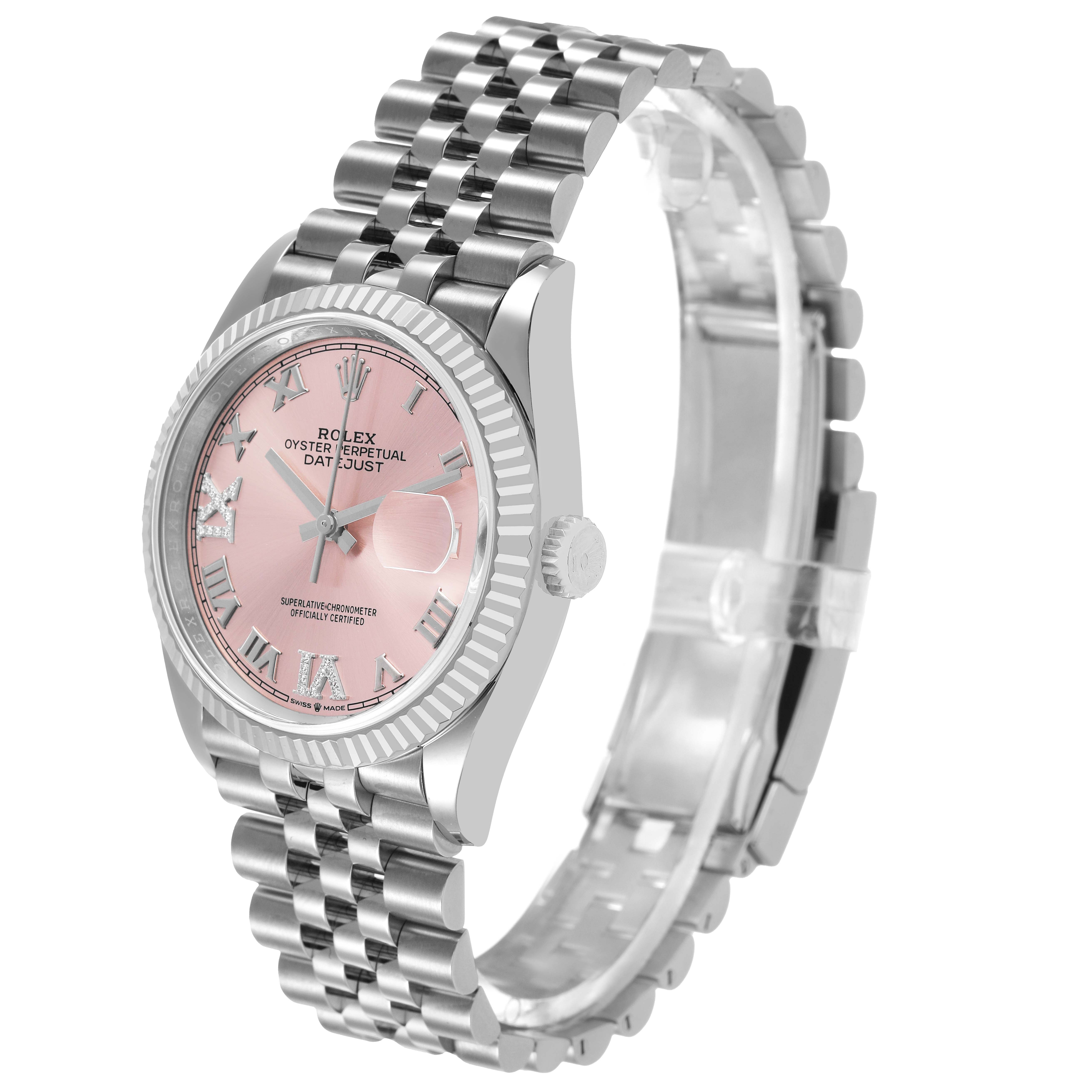 The Rolex Datejust 126234 Men's Stainless Steel Pink Dial watch is shown at a three-quarter angle, highlighting the pink dial, fluted bezel, and Jubilee bracelet.
