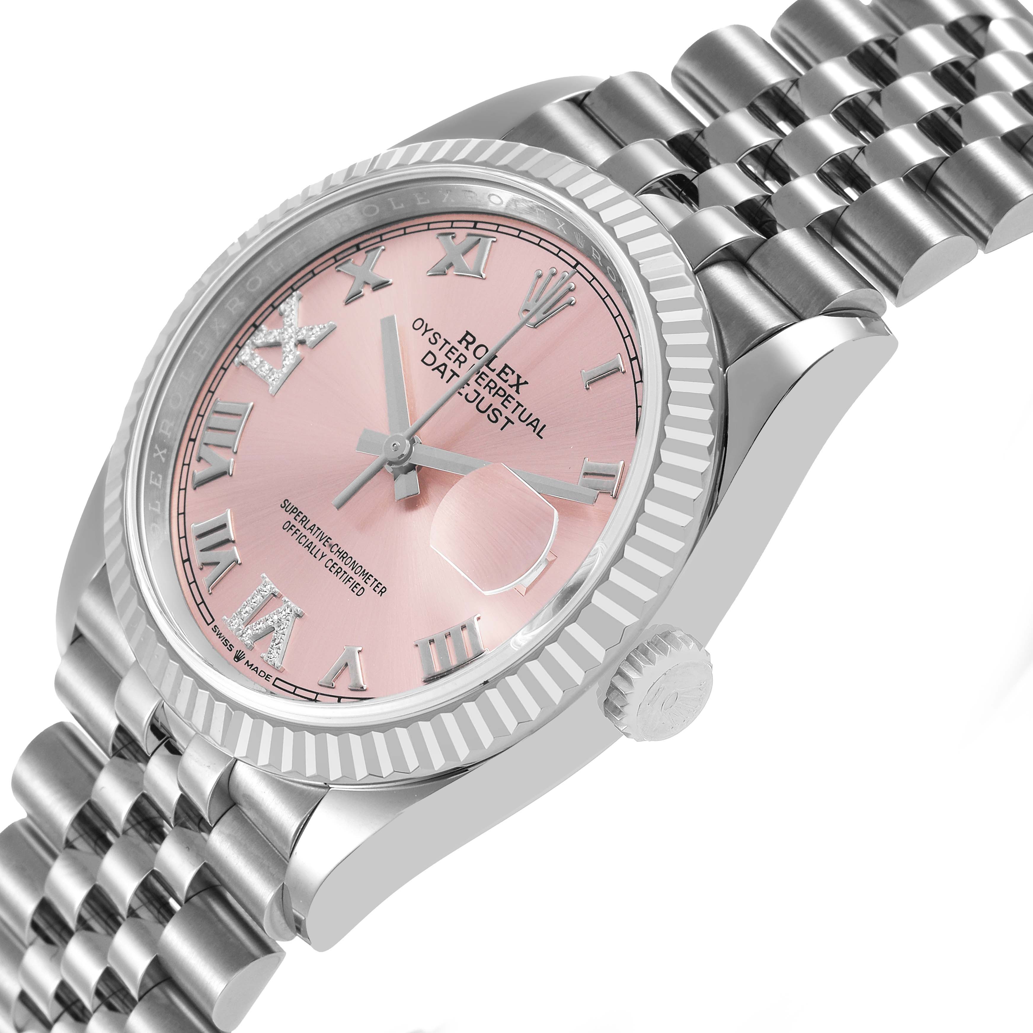 The image shows a Rolex Datejust 126234 Men's Stainless Steel Pink Dial angled to reveal its pink dial, fluted bezel, and Jubilee bracelet.