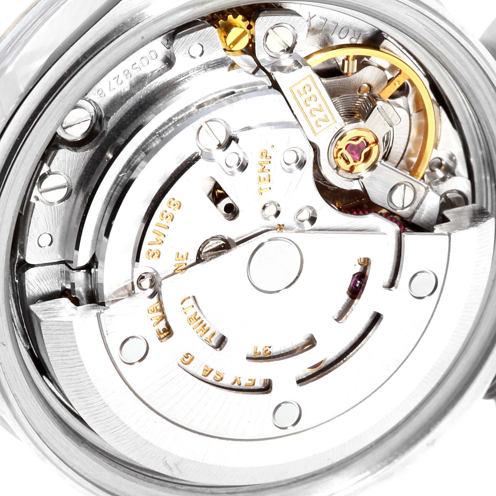 This image shows a close-up view of the internal movement mechanism of a Rolex Datejust 79174 Women
s Stainless Steel Silver Dial 79174 Women
s Stainless Steel Silver Dial watch.