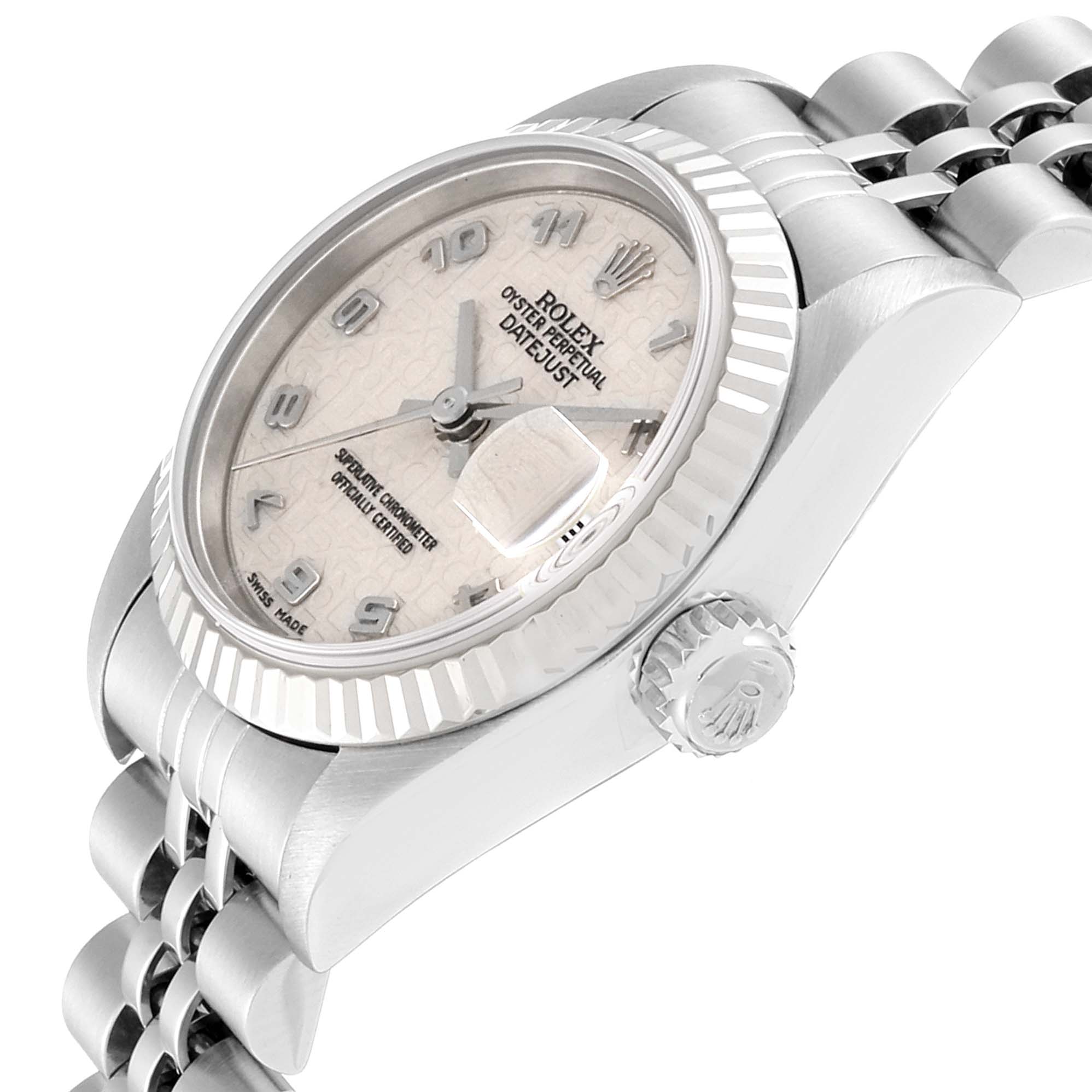 The image shows a side angle of a Rolex Datejust 79174 Women
s Stainless Steel Silver Dial 79174 Women
s Stainless Steel Silver Dial watch, highlighting the crown, bezel, and part of the dial.