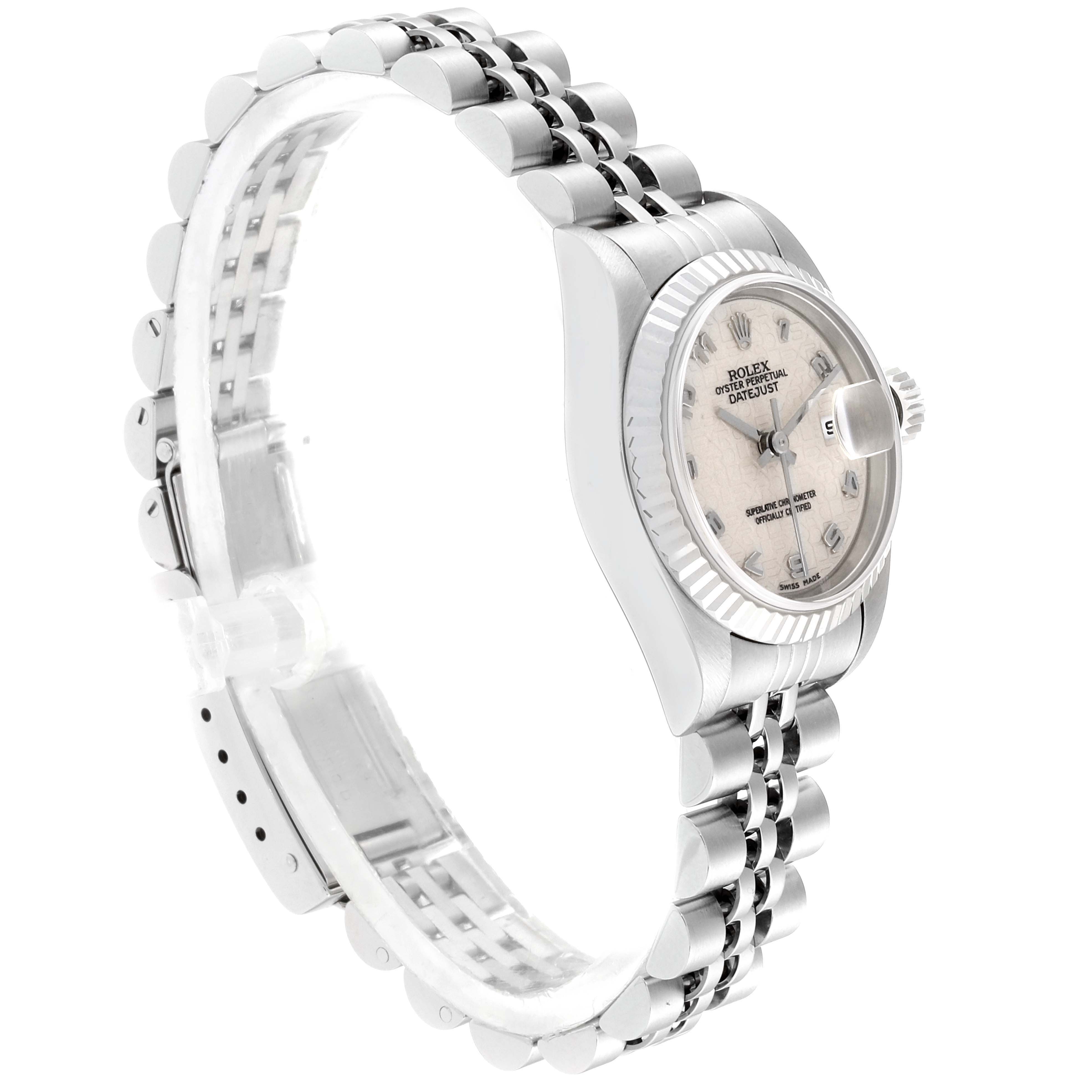 This image shows a side angle of the Rolex Datejust 79174 Women
s Stainless Steel Silver Dial 79174 Women
s Stainless Steel Silver Dial watch, highlighting its bracelet, clasp, dial, and bezel.