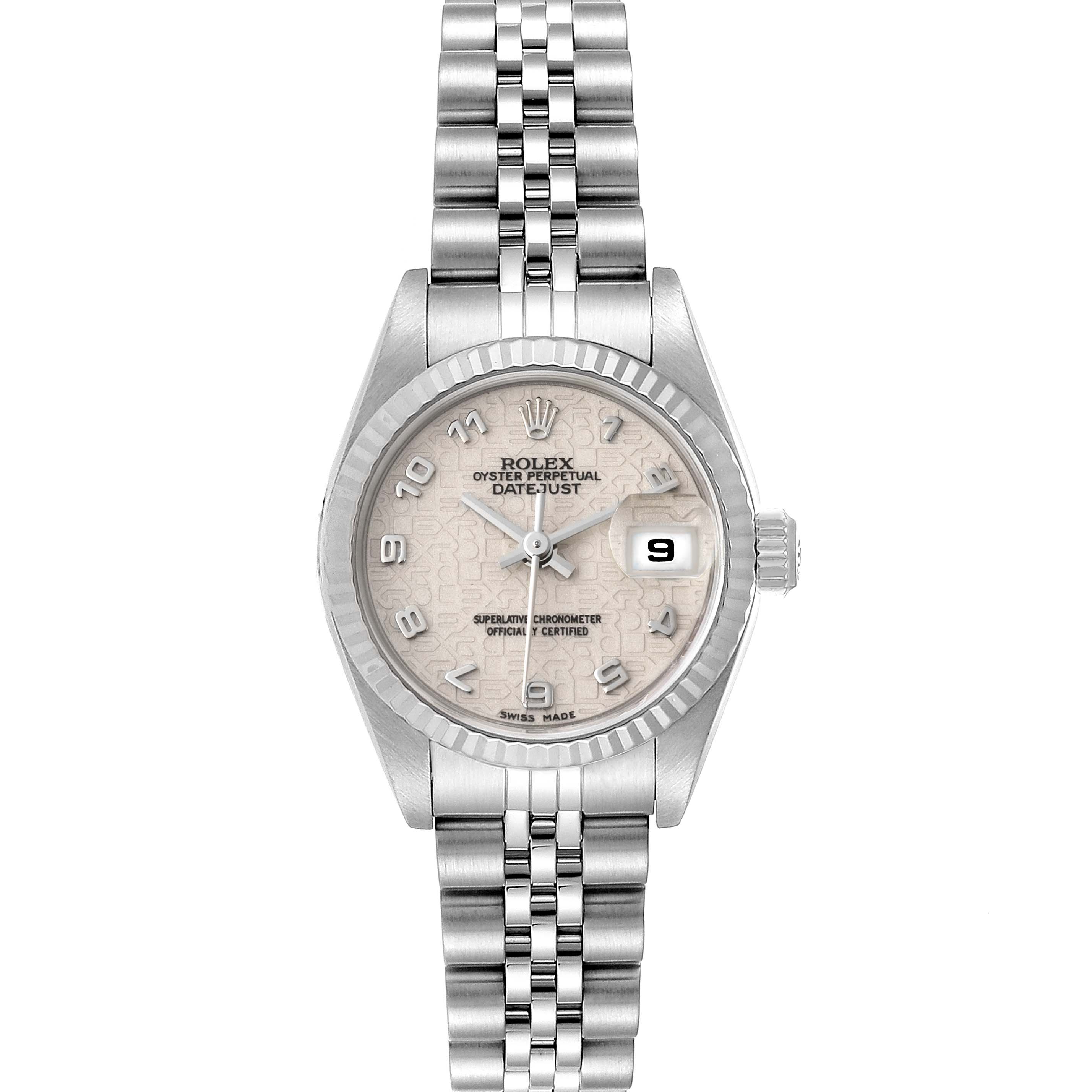 This image shows a front view of the Rolex Datejust 79174 Women
s Stainless Steel Silver Dial 79174 Women
s Stainless Steel Silver Dial watch, highlighting the dial, bracelet, and crown.
