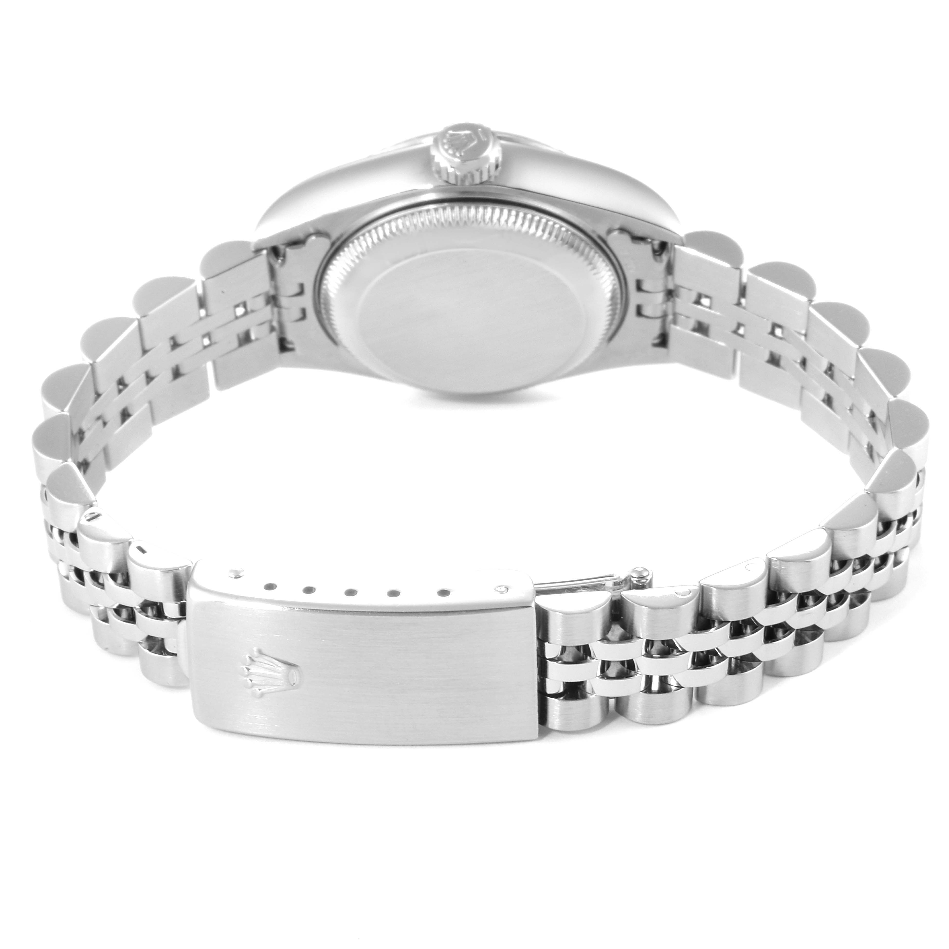 This image shows the back case and the bracelet with the clasp of the Rolex Datejust 79174 Women
s Stainless Steel Silver Dial 79174 Women
s Stainless Steel Silver Dial watch.