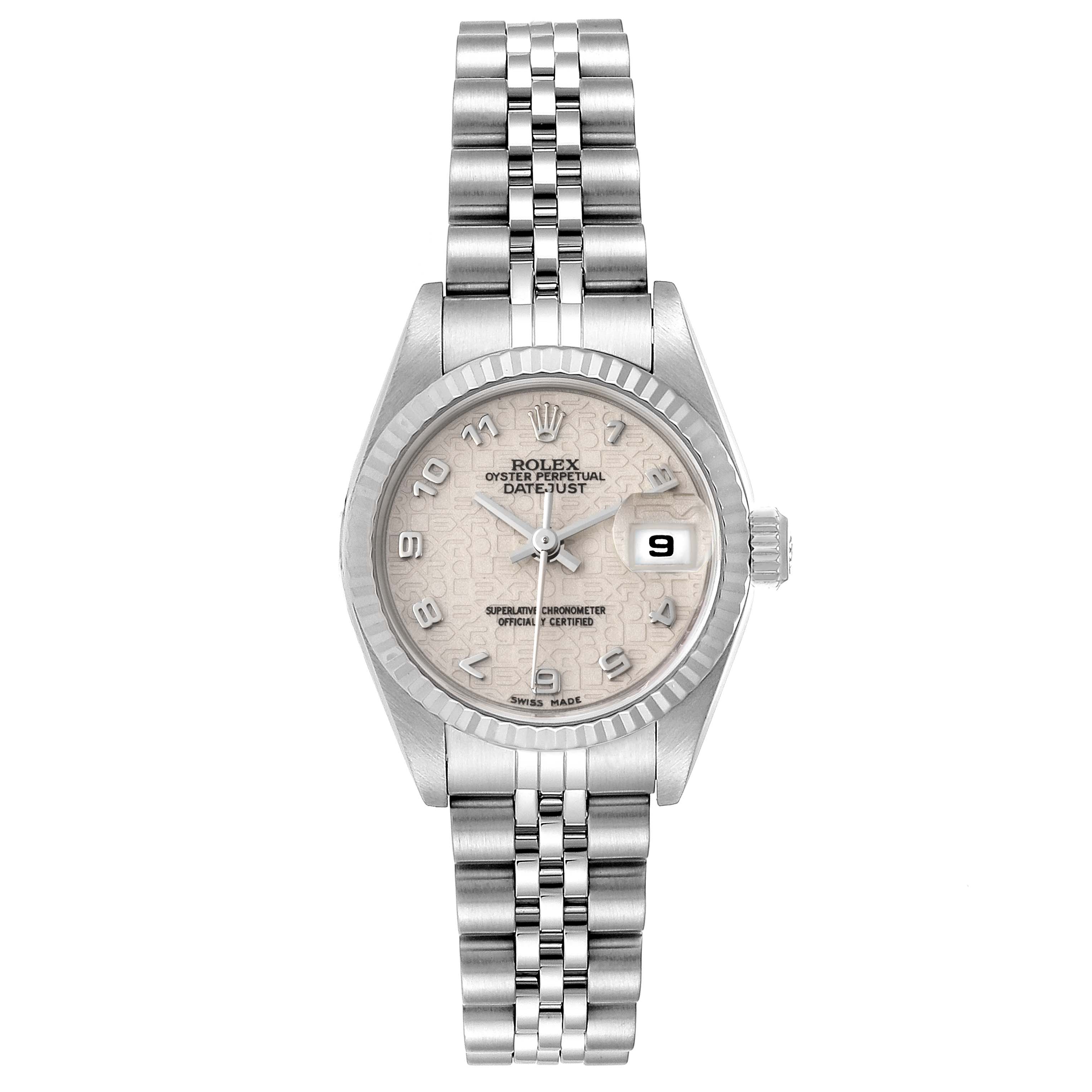The image shows a Rolex Datejust 79174 Women
s Stainless Steel Silver Dial 79174 Women
s Stainless Steel Silver Dial watch from a top-down angle displaying its full face and bracelet.
