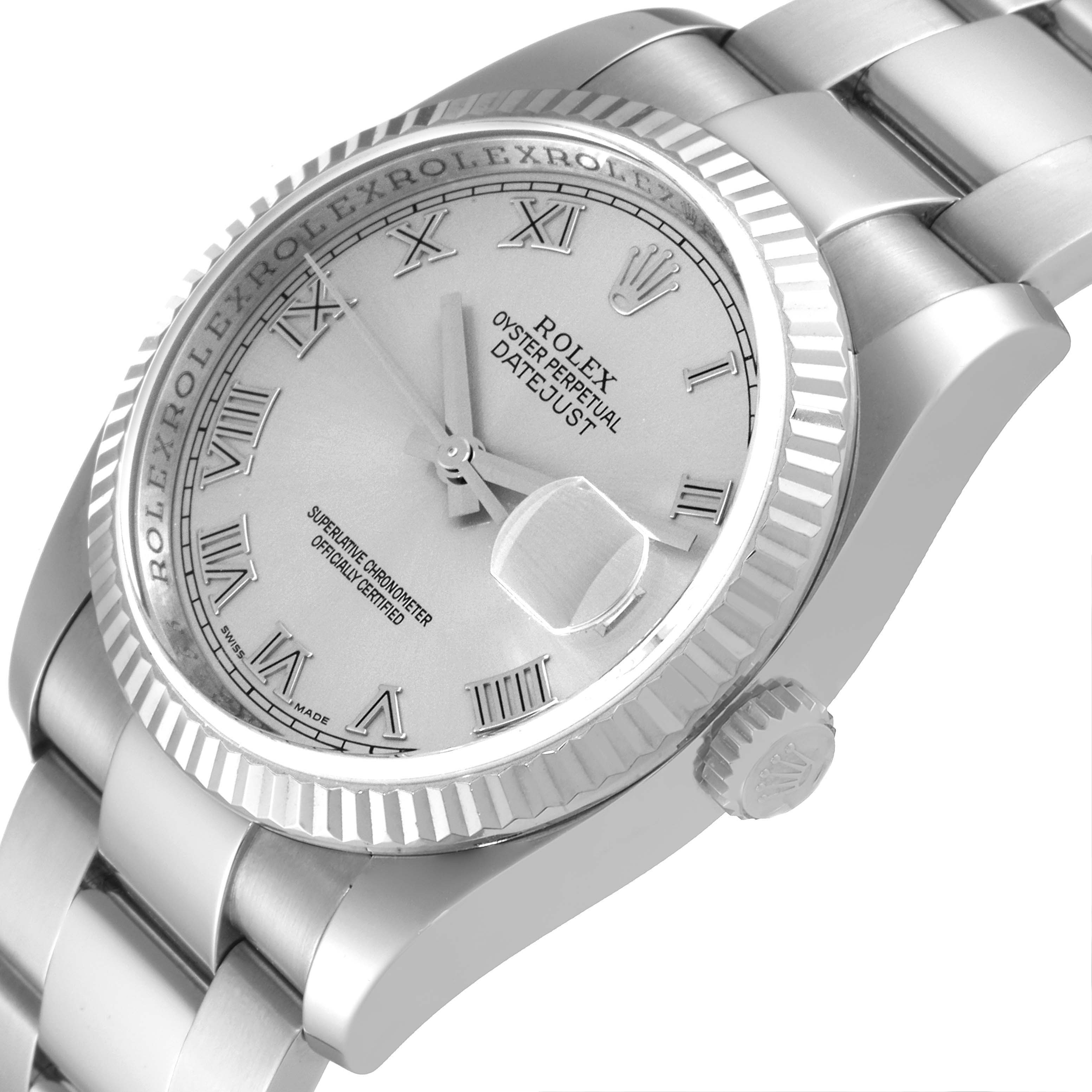 The image shows a close-up angle of the Rolex Datejust 116234 Men's Stainless Steel Silver Dial 116234 Men's Stainless Steel Silver Dial watch, highlighting the dial, bezel, crown, and bracelet.