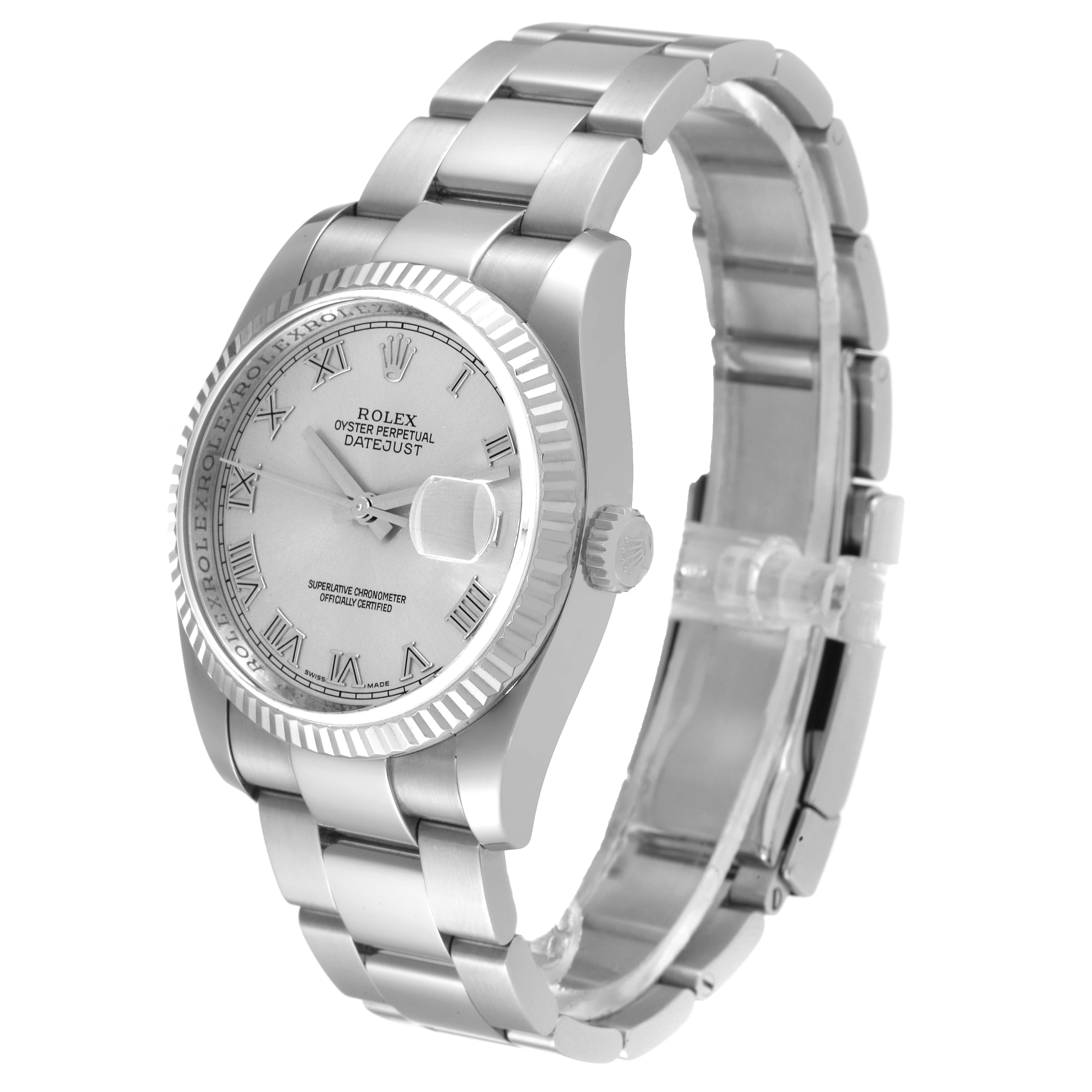 The image shows a Rolex Datejust 116234 Men's Stainless Steel Silver Dial 116234 Men's Stainless Steel Silver Dial watch at a slight angle, highlighting the dial, bezel, bracelet, and side crown.