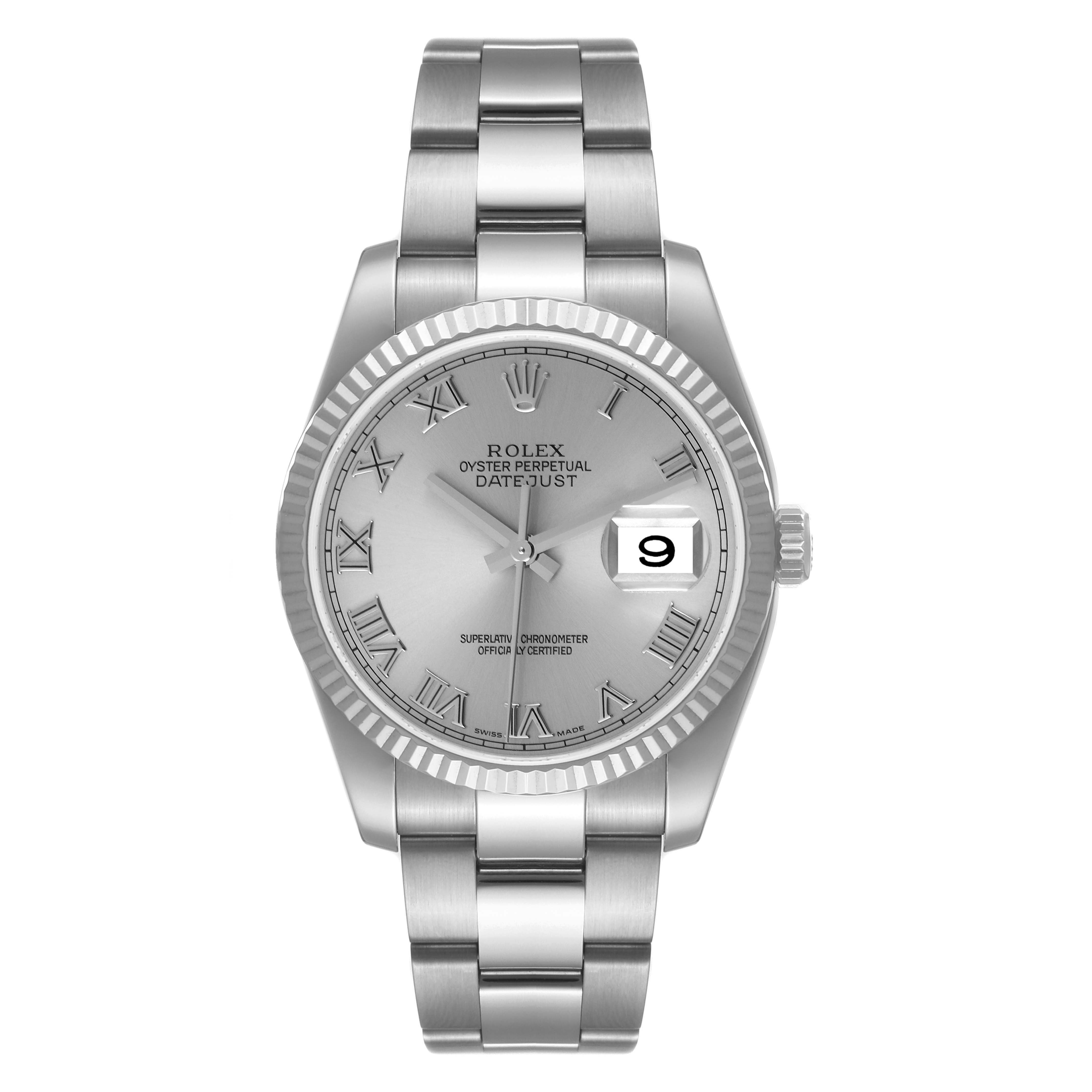 The image shows a front view of the Rolex Datejust 116234 Men's Stainless Steel Silver Dial 116234 Men's Stainless Steel Silver Dial, highlighting its dial, bracelet, and date window.