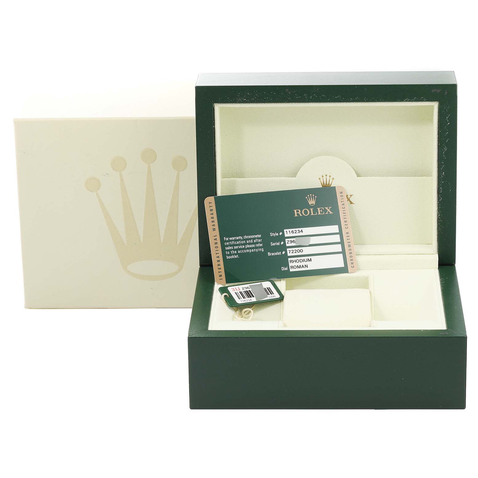 The image shows the Rolex Datejust 116234 Men's Stainless Steel Silver Dial 116234 Men's Stainless Steel Silver Dial watch box, warranty card, and tags from a frontal angle.