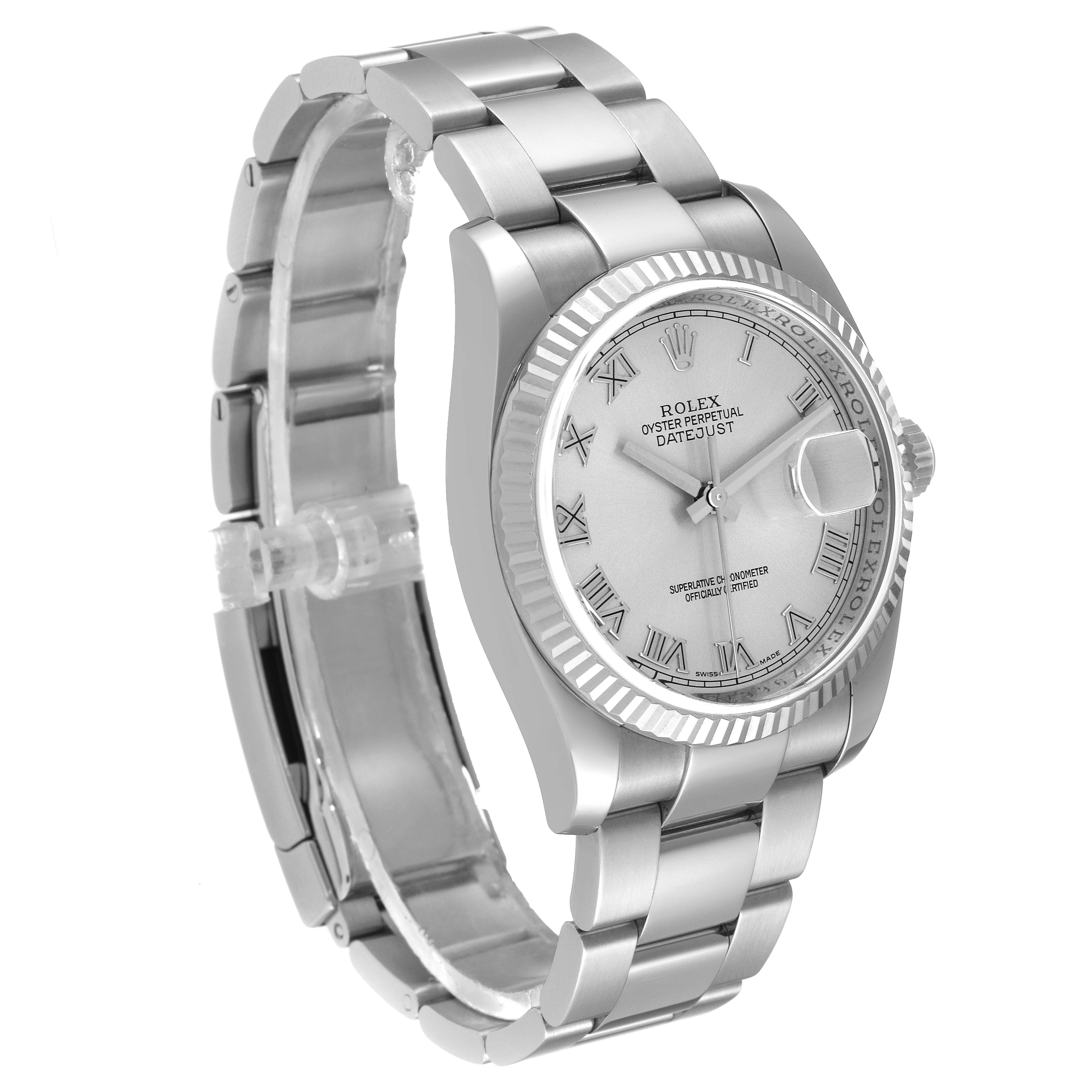 The image shows a side angle of a Rolex Datejust 116234 Men's Stainless Steel Silver Dial 116234 Men's Stainless Steel Silver Dial watch, highlighting the dial, bezel, and bracelet.