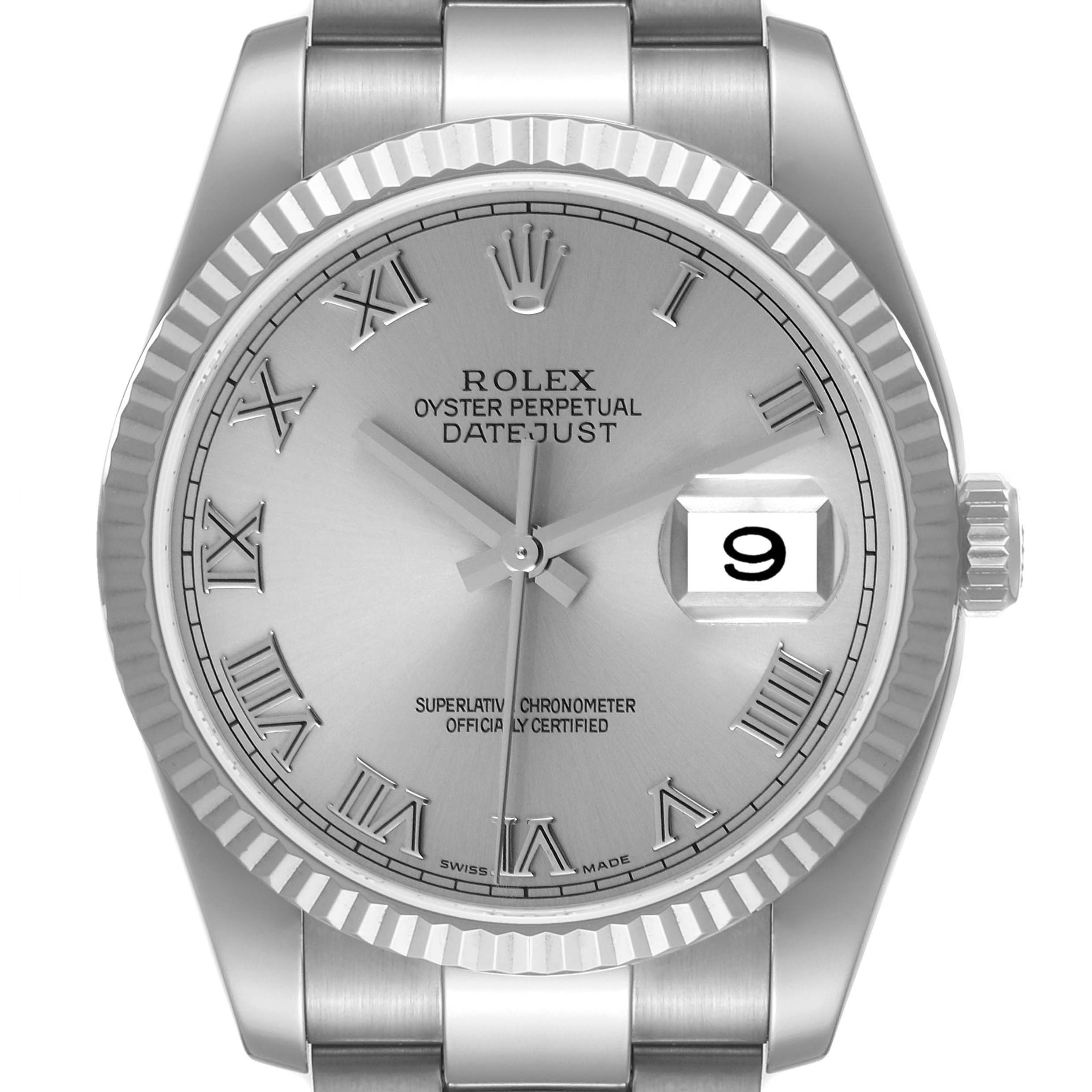 This image shows a frontal view of the Rolex Datejust 116234 Men's Stainless Steel Silver Dial 116234 Men's Stainless Steel Silver Dial watch, highlighting its dial, bezel, hands, and date window.