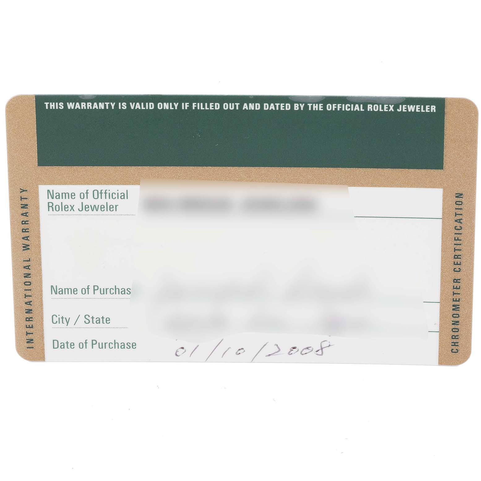 This image shows an official warranty card for the Rolex Datejust 116234 Men's Stainless Steel Silver Dial 116234 Men's Stainless Steel Silver Dial model with purchase details filled out.