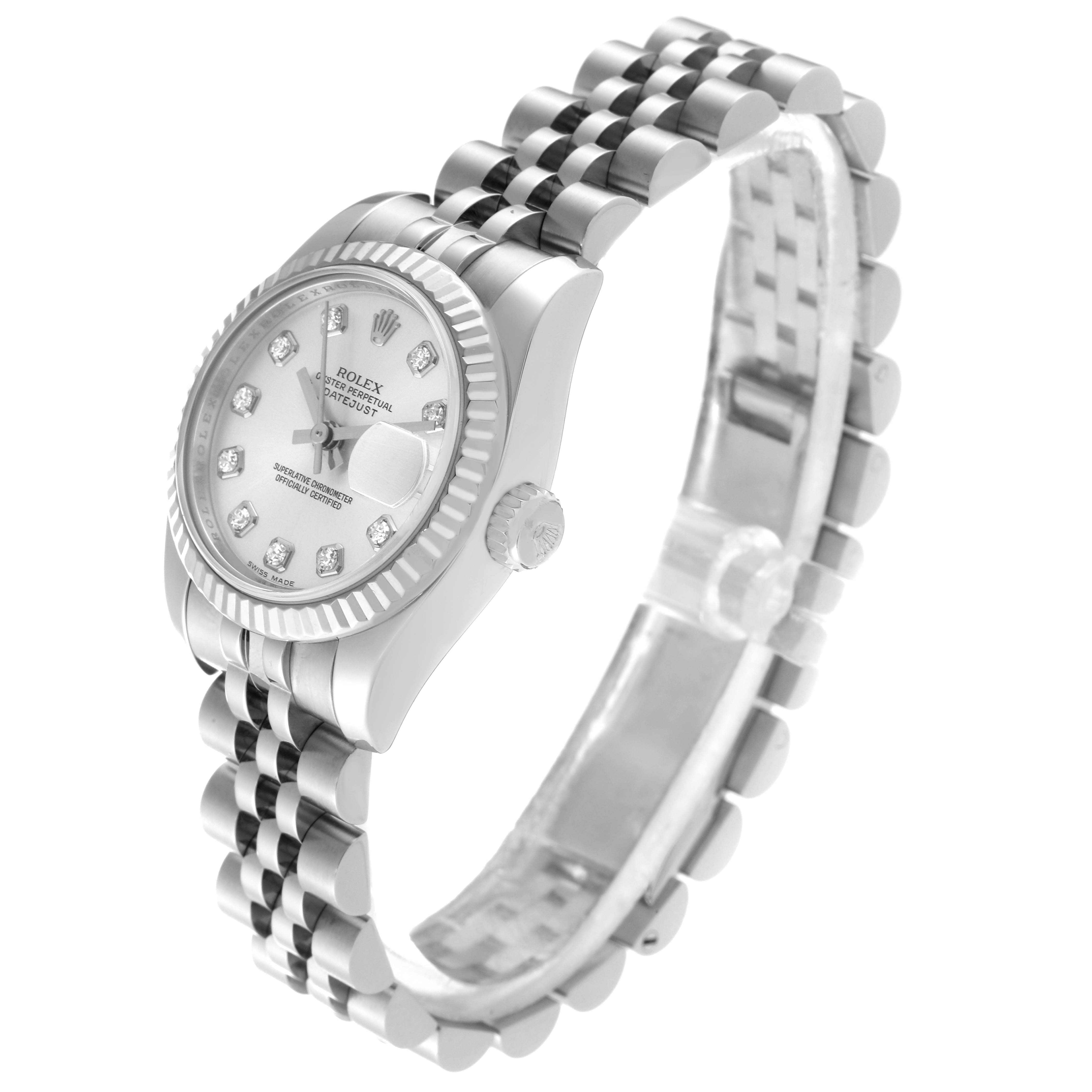 The image shows a side angle of a Rolex Datejust 179174 Women
s Stainless Steel Silver Dial 179174 Women
s Stainless Steel Silver Dial watch, highlighting the face, bezel, dial, crown, and part of the bracelet.