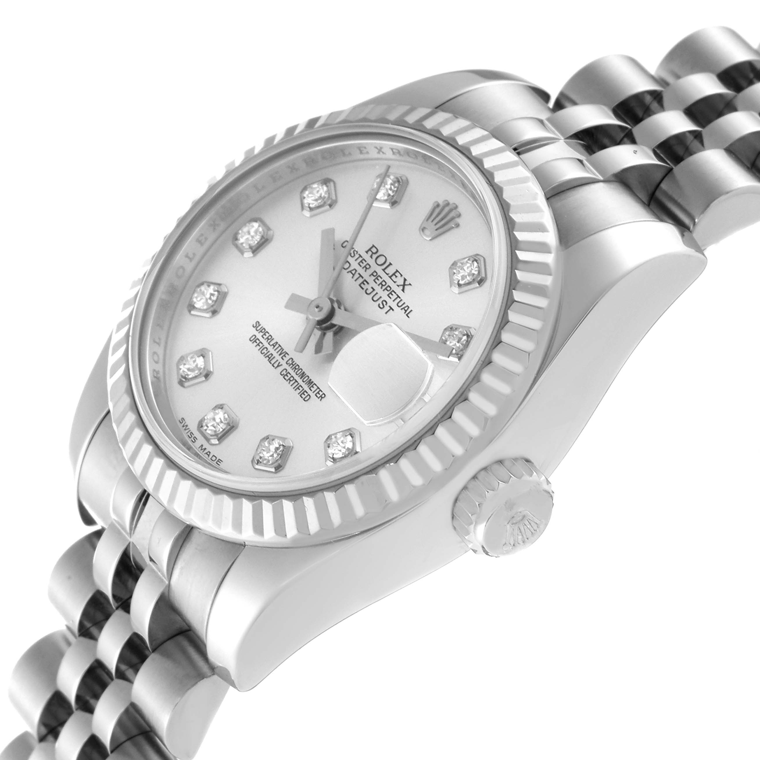 The image shows a close-up angle of a Rolex Datejust 179174 Women
s Stainless Steel Silver Dial 179174 Women
s Stainless Steel Silver Dial watch highlighting the dial, bezel, crown, and part of the bracelet.