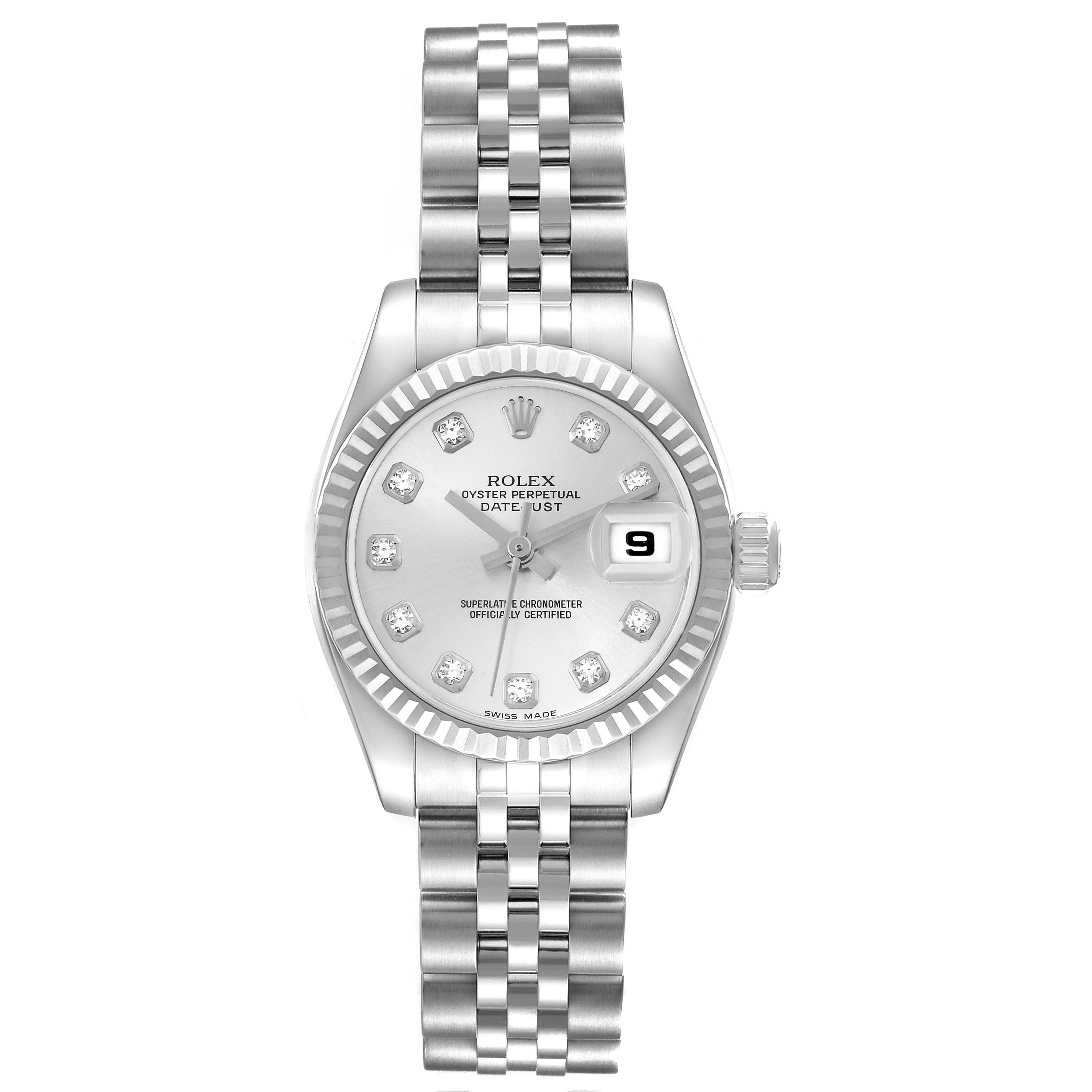 The image shows a Rolex Datejust 179174 Women
s Stainless Steel Silver Dial 179174 Women
s Stainless Steel Silver Dial watch from a straight-on angle, detailing its face, crown, and bracelet.