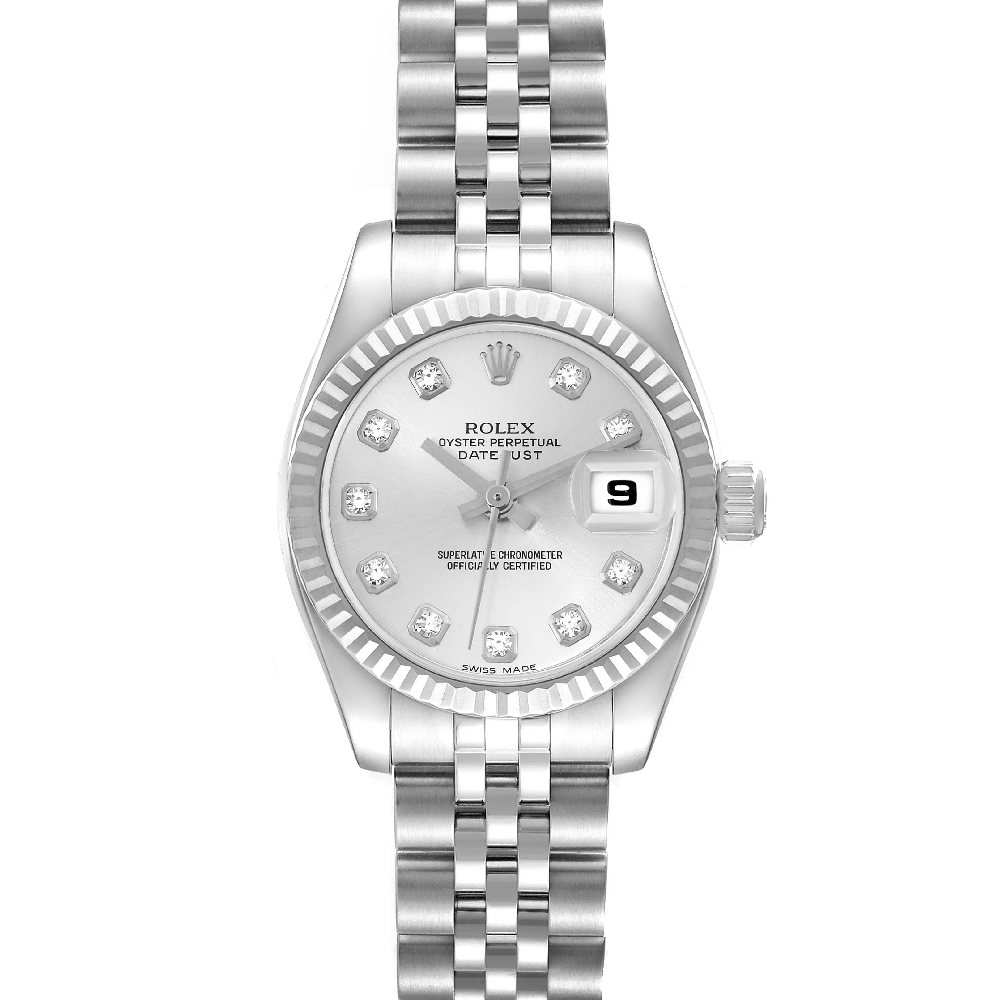 This image shows a front view of a Rolex Datejust 179174 Women
s Stainless Steel Silver Dial 179174 Women
s Stainless Steel Silver Dial watch, highlighting its dial, bezel, and bracelet.