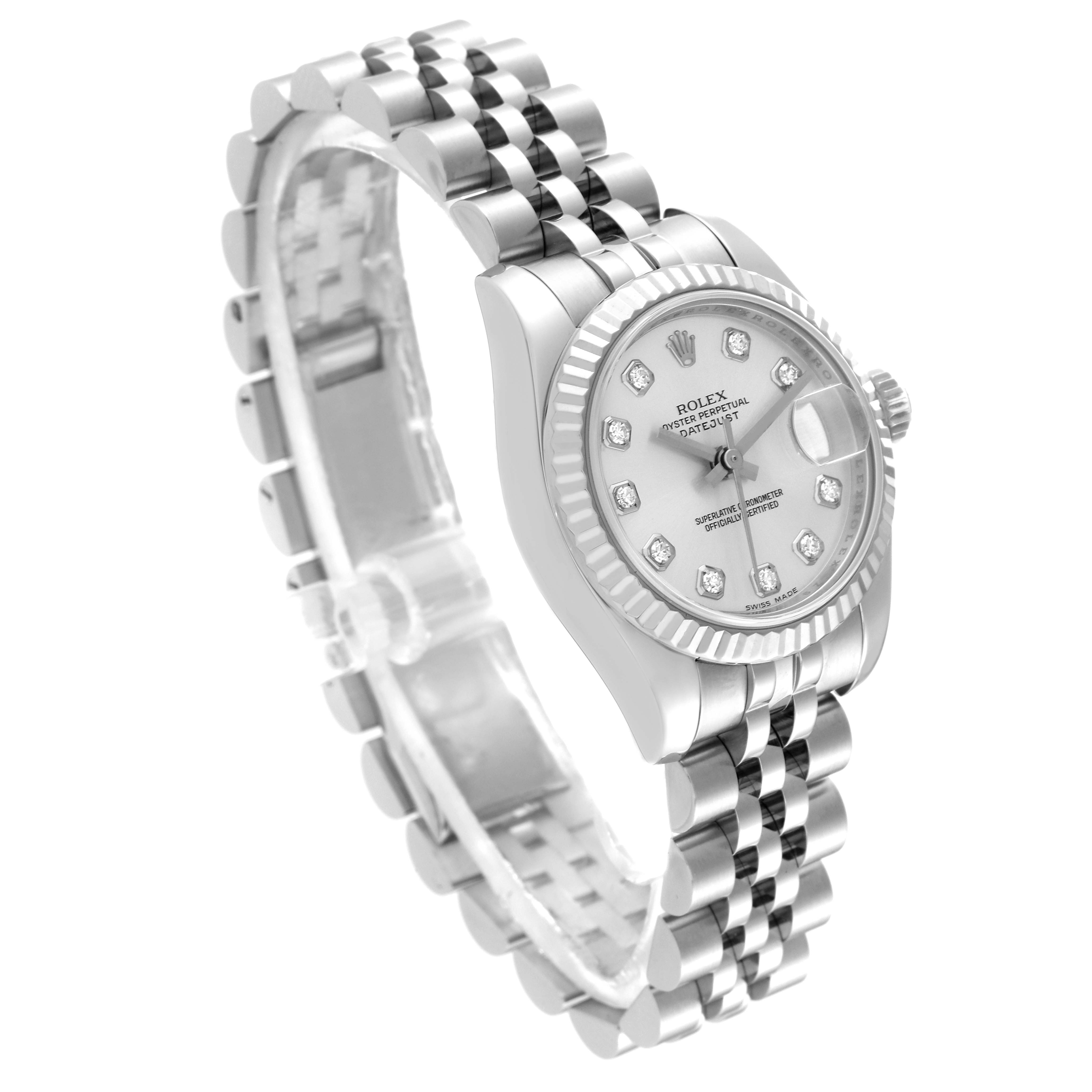The image shows a Rolex Datejust 179174 Women
s Stainless Steel Silver Dial 179174 Women
s Stainless Steel Silver Dial watch at a slight angle, highlighting the face, bezel, and bracelet.