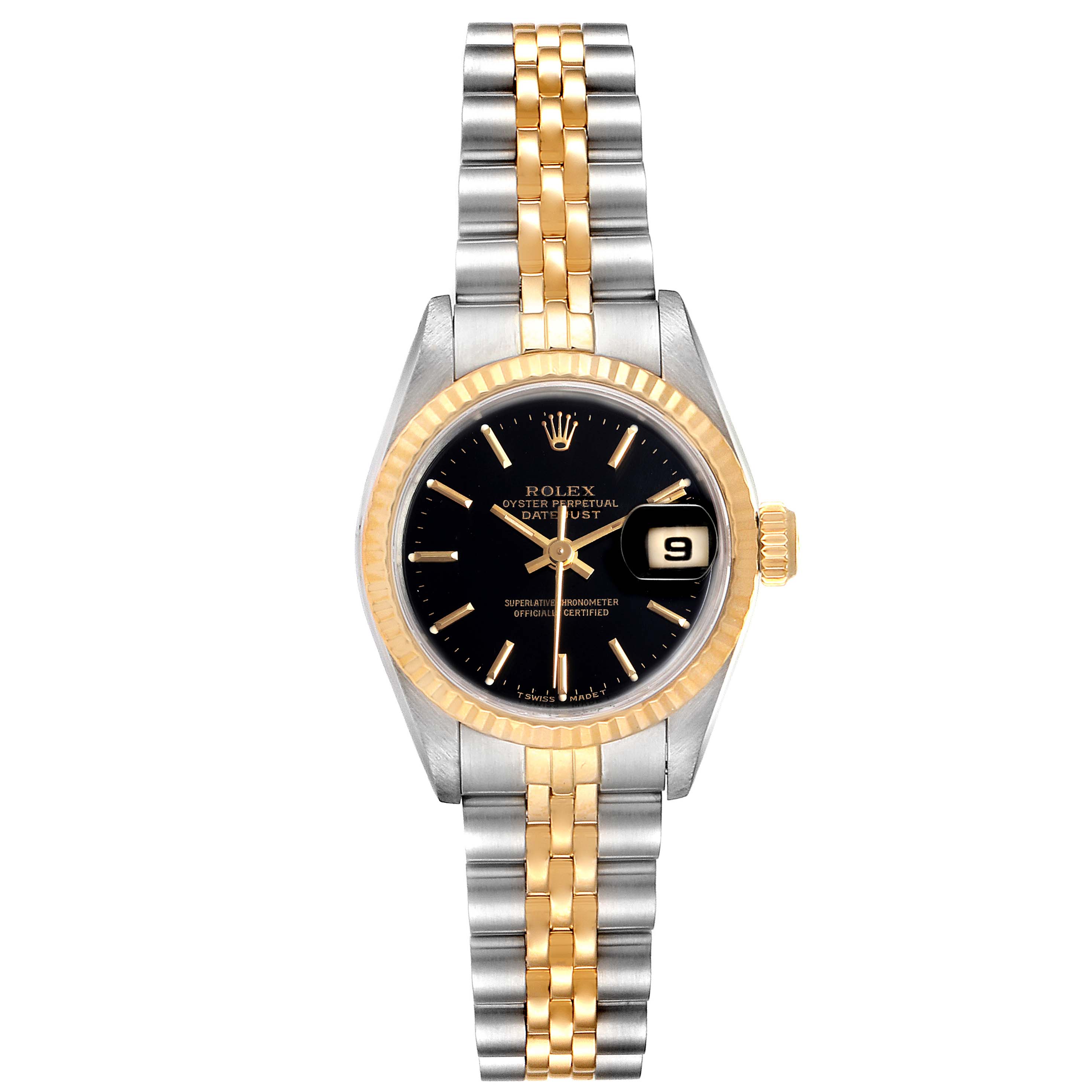 This image shows a Rolex Datejust 69173 Women
s Steel and Gold (two tone) Black Dial 69173 Women
s Steel and Gold (two tone) Black Dial watch from a front angle, featuring the dial, bracelet, bezel, and date window.
