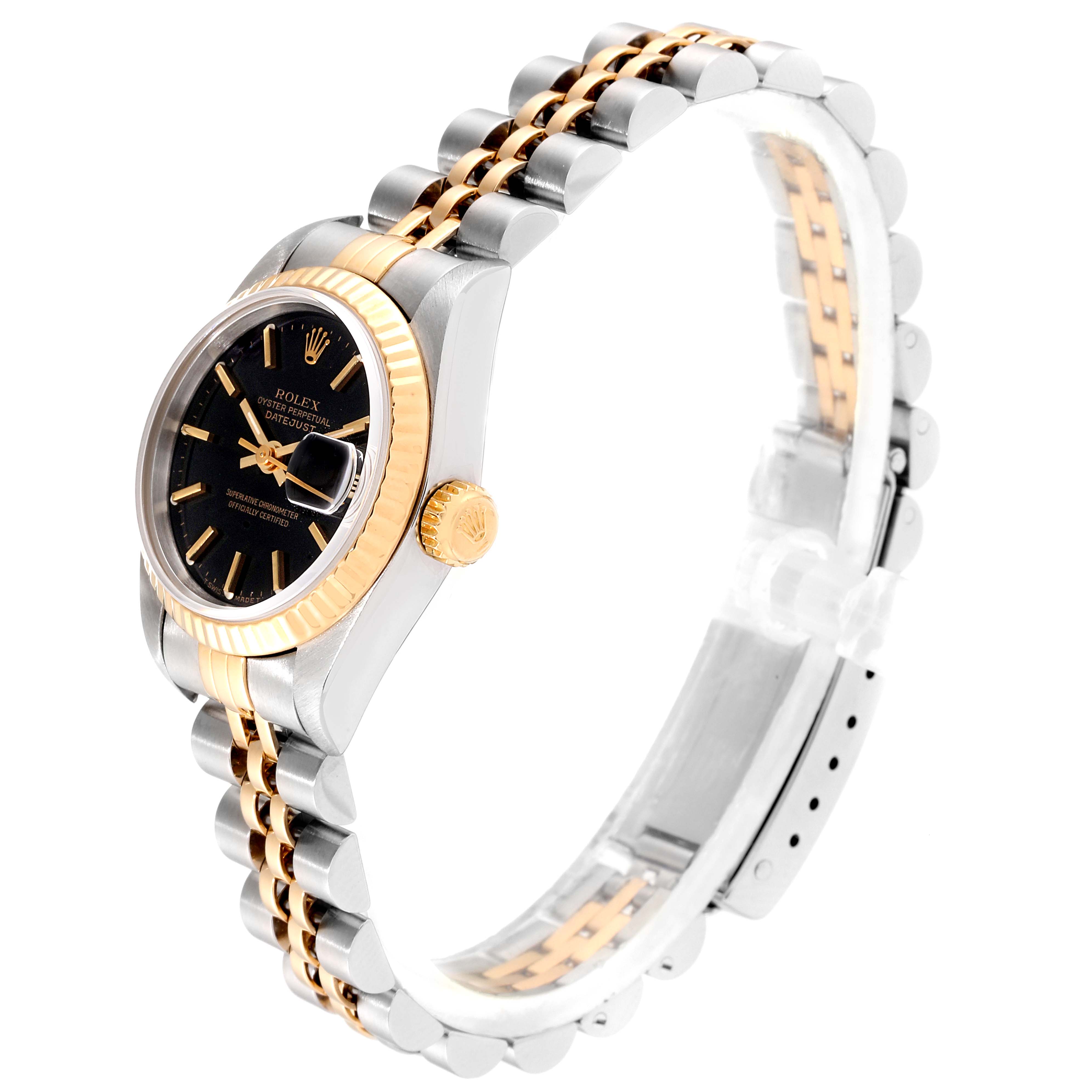 The Rolex Datejust 69173 Women
s Steel and Gold (two tone) Black Dial 69173 Women
s Steel and Gold (two tone) Black Dial watch is shown from a side angle, highlighting its case, crown, bezel, black dial, and two-tone bracelet.