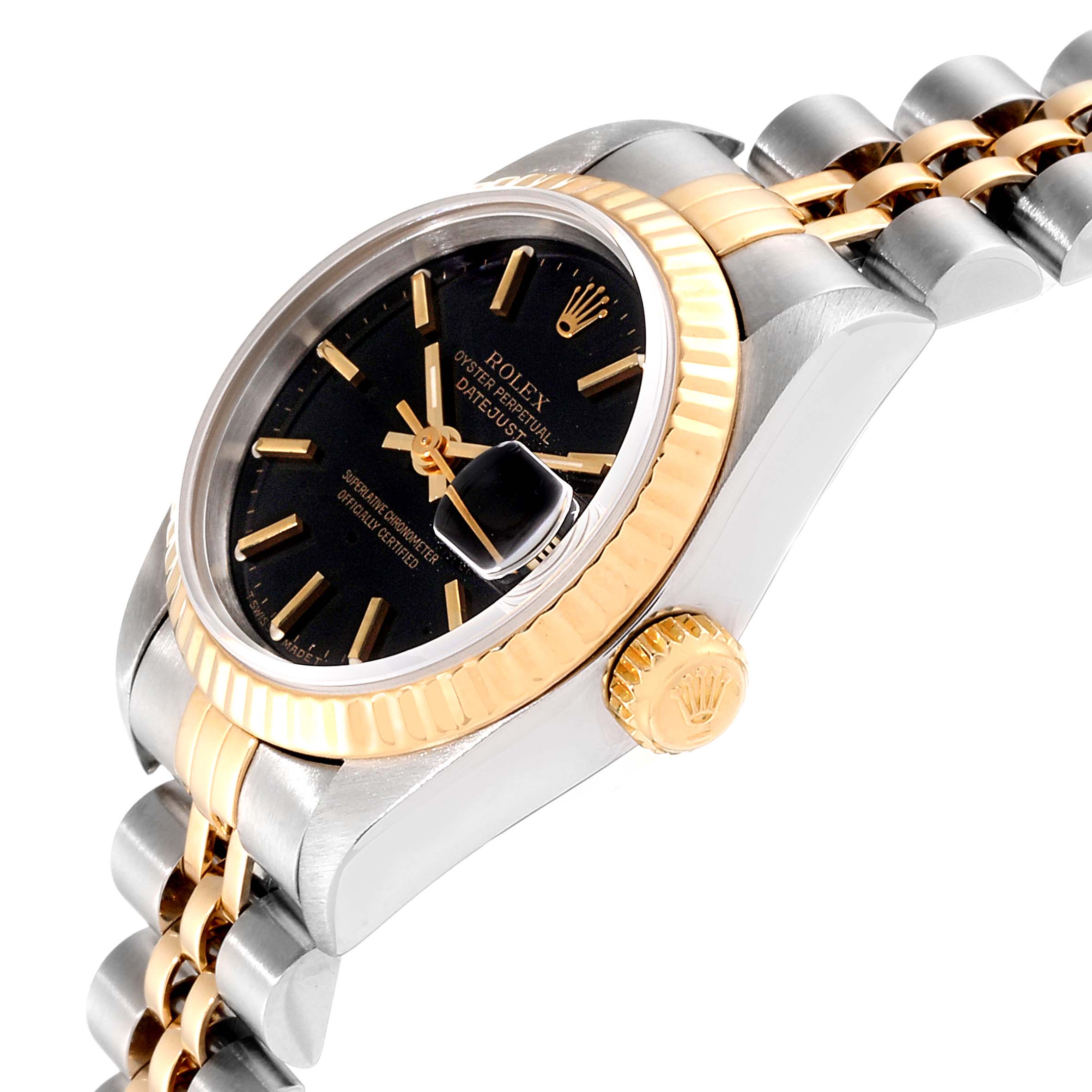 The image shows a side angle of the Rolex Datejust 69173 Women
s Steel and Gold (two tone) Black Dial 69173 Women
s Steel and Gold (two tone) Black Dial, highlighting the dial, bezel, crown, and bracelet.