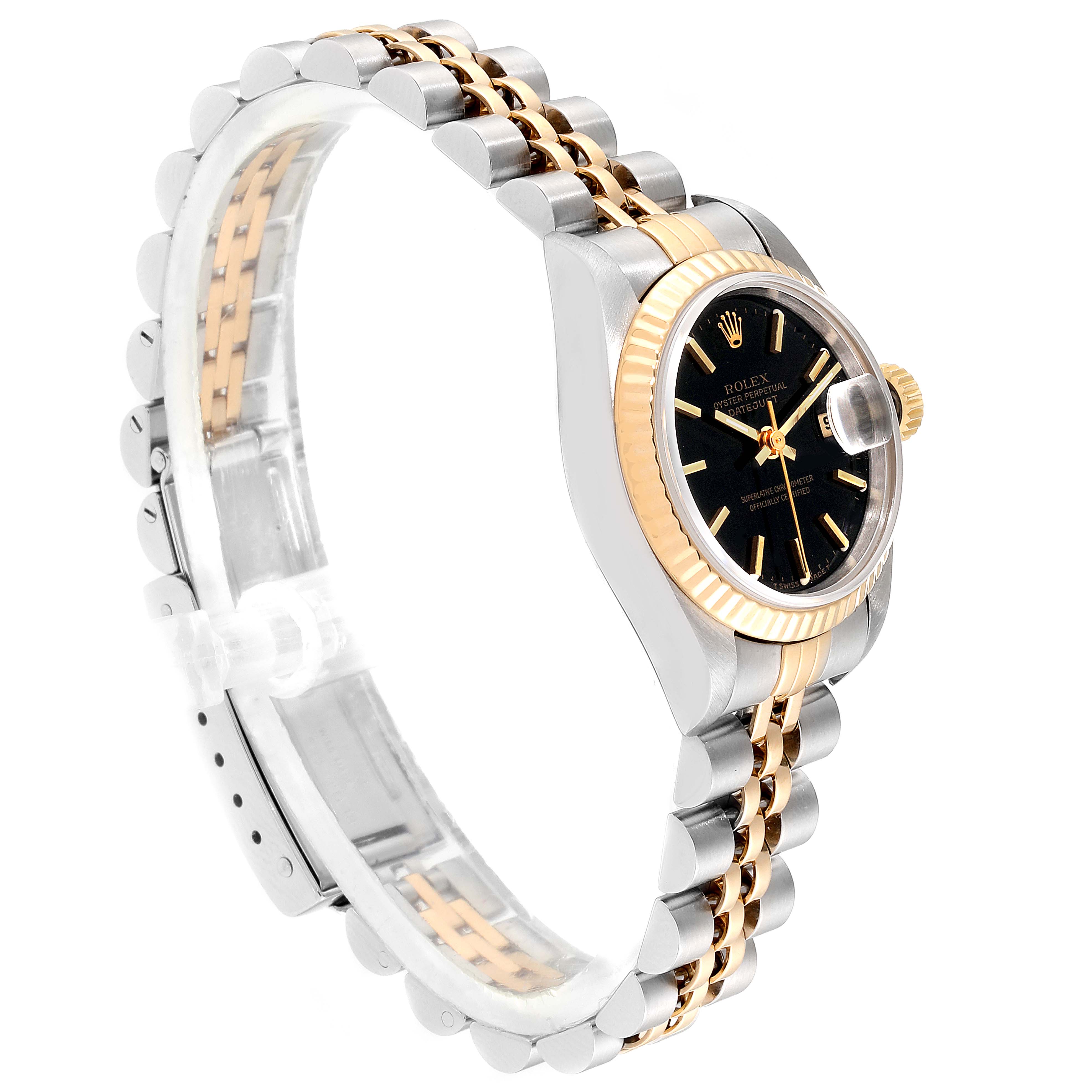 The image shows a side view of a Rolex Datejust 69173 Women
s Steel and Gold (two tone) Black Dial 69173 Women
s Steel and Gold (two tone) Black Dial watch, featuring its dial, bezel, crown, and bracelet.