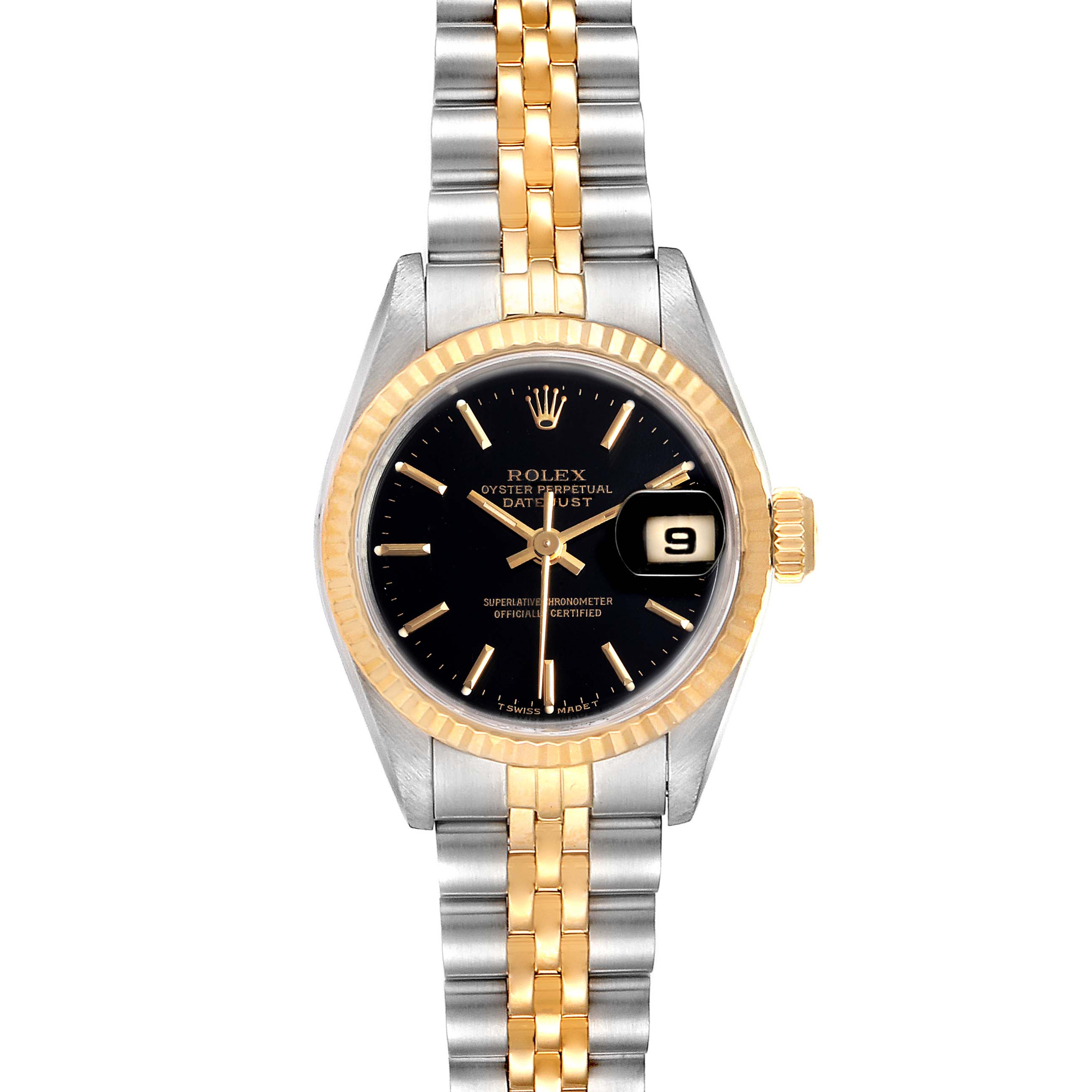 The Rolex Datejust 69173 Women
s Steel and Gold (two tone) Black Dial 69173 Women
s Steel and Gold (two tone) Black Dial watch is shown from the front, exhibiting its black dial, two-tone bezel, and matching Jubilee bracelet.