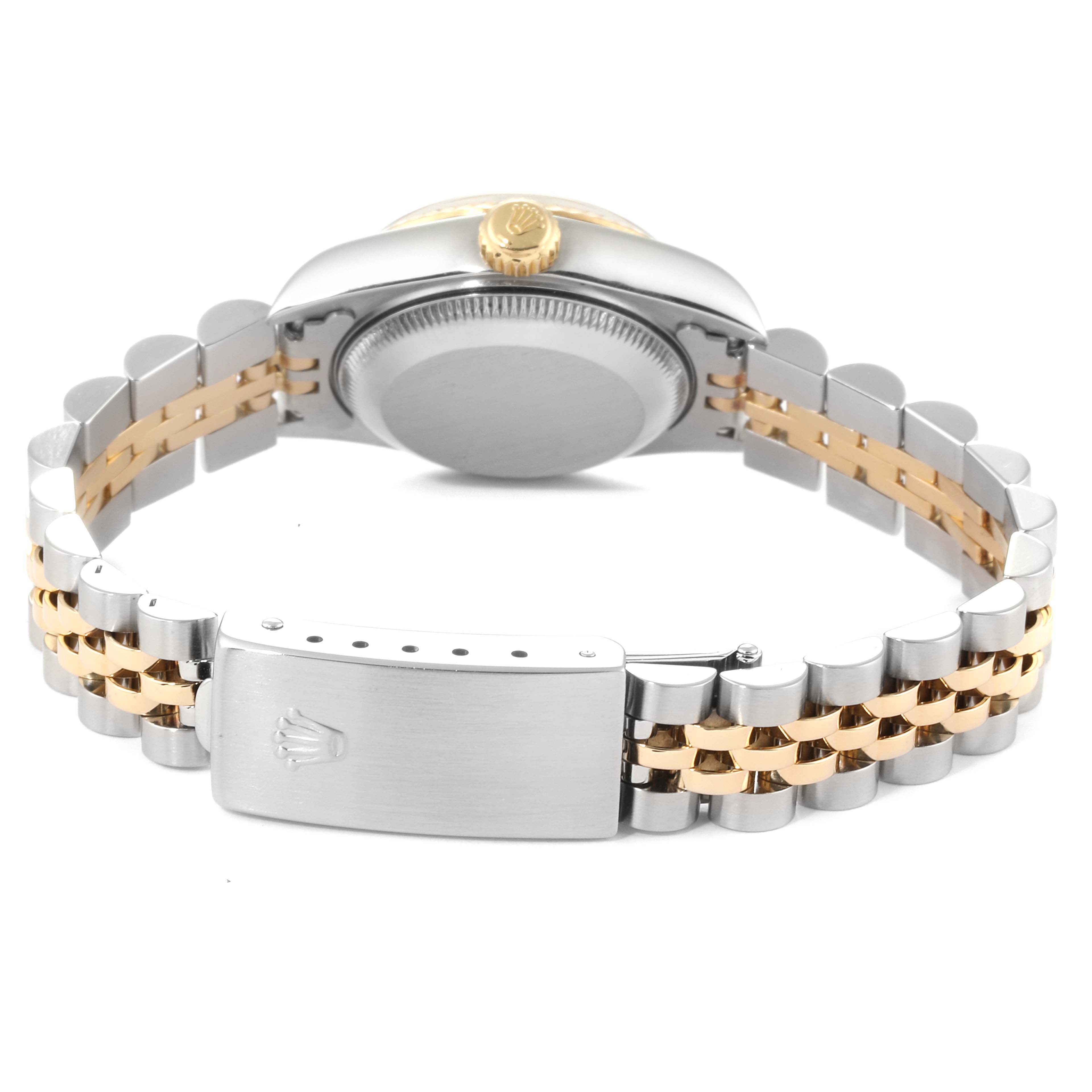 This image shows the back case and bracelet of a Rolex Datejust 69173 Women
s Steel and Gold (two tone) Black Dial 69173 Women
s Steel and Gold (two tone) Black Dial model, highlighting the clasp with the Rolex logo.