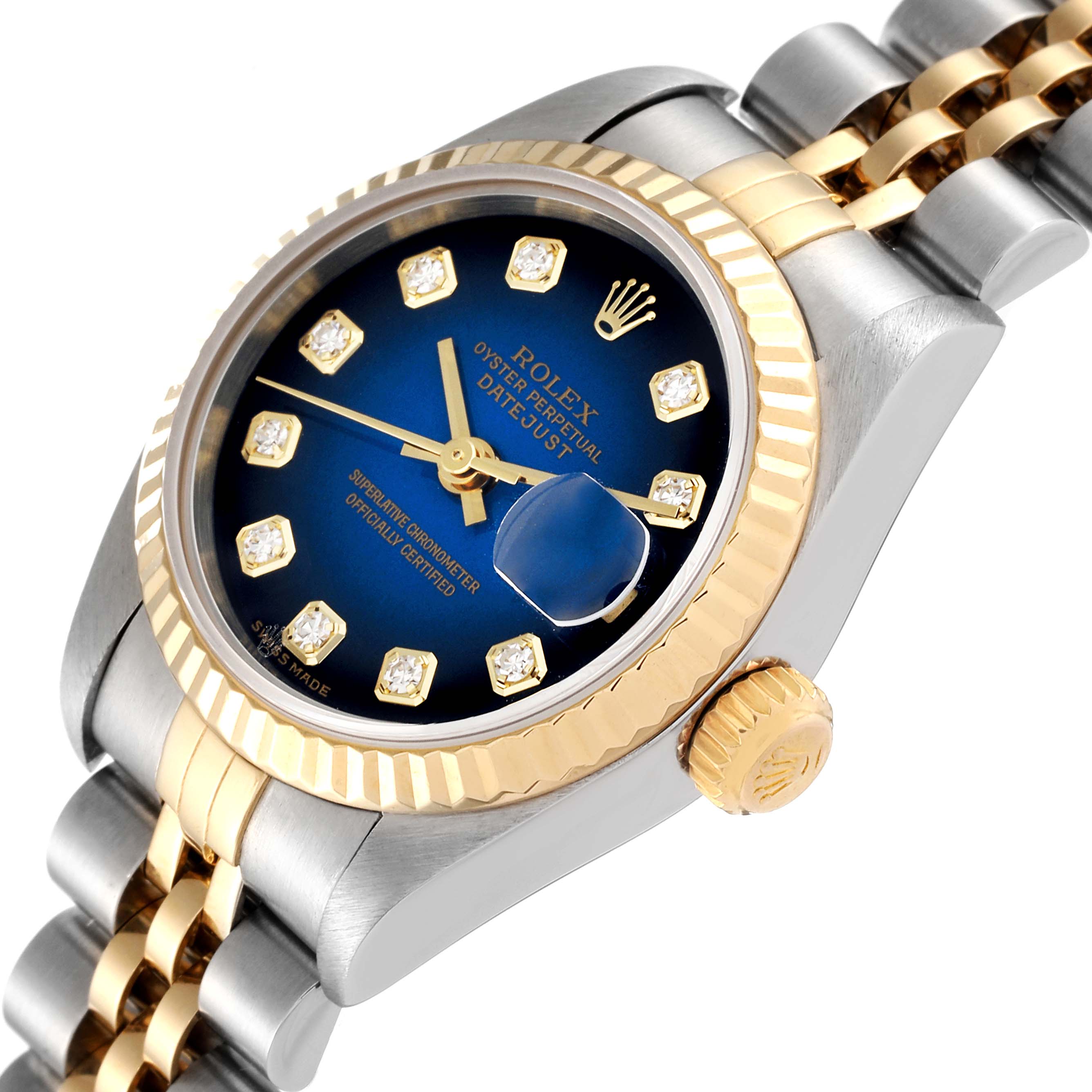 The image shows a close-up angle of a Rolex Datejust 79173 Women
s Steel and Gold (two tone) Blue Dial 79173 Women
s Steel and Gold (two tone) Blue Dial featuring its blue dial, gold bezel, and two-tone bracelet.