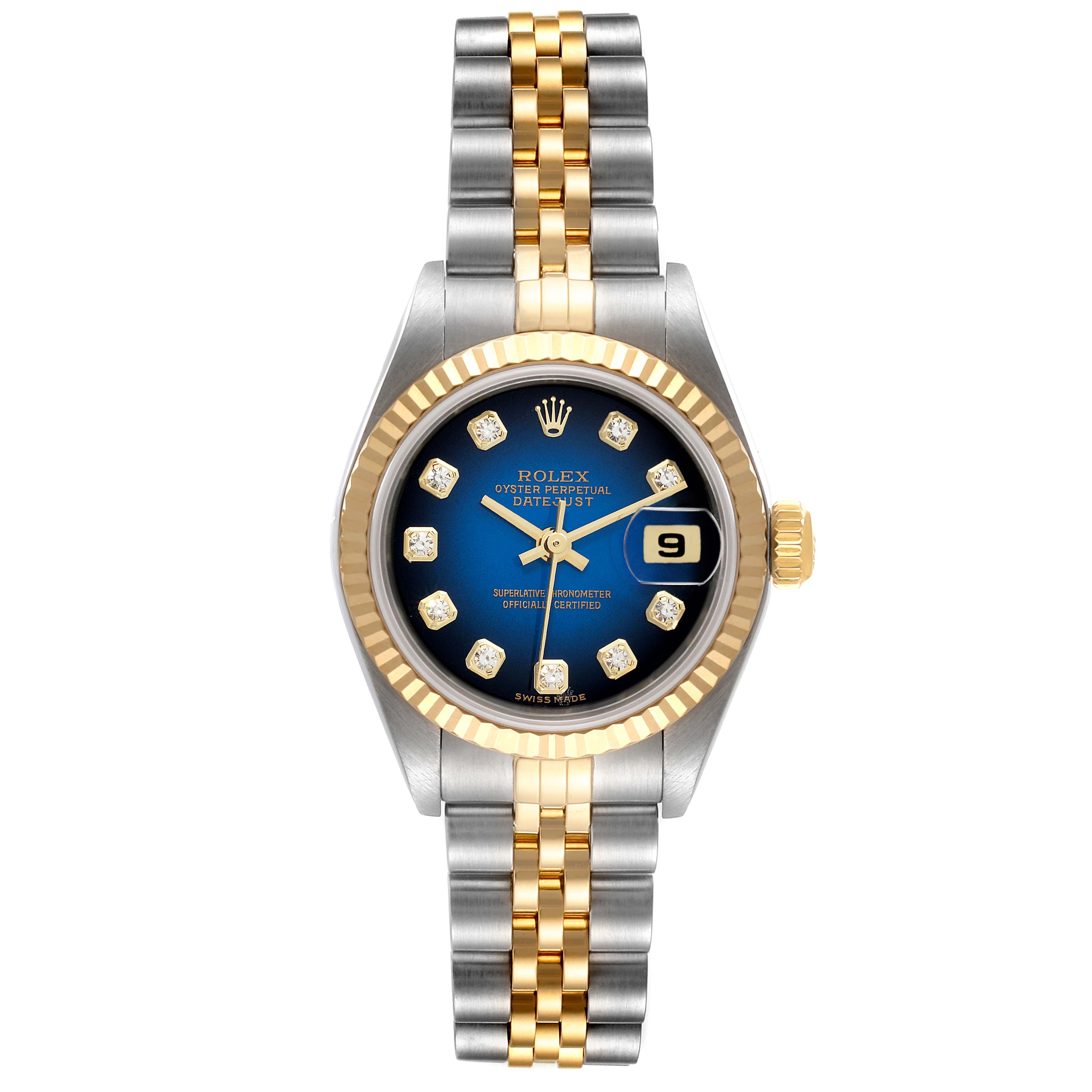 This Rolex Datejust 79173 Women
s Steel and Gold (two tone) Blue Dial 79173 Women
s Steel and Gold (two tone) Blue Dial watch is shown from a front angle, displaying its face, bezel, crown, and bracelet.