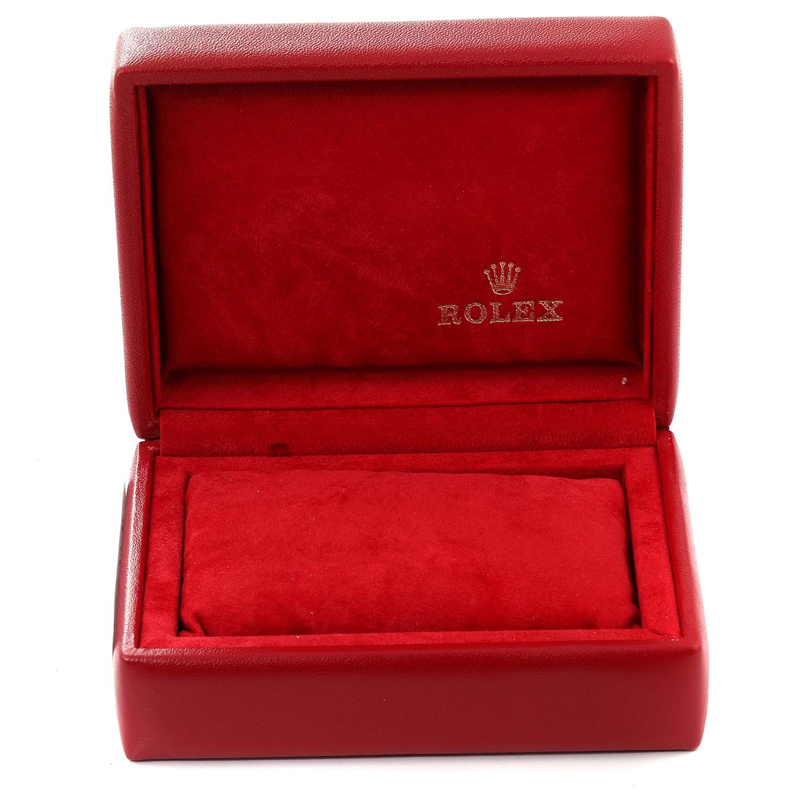 This is an open red Rolex Datejust 79173 Women
s Steel and Gold (two tone) Blue Dial 79173 Women
s Steel and Gold (two tone) Blue Dial watch box, showing the interior branding and pillow.