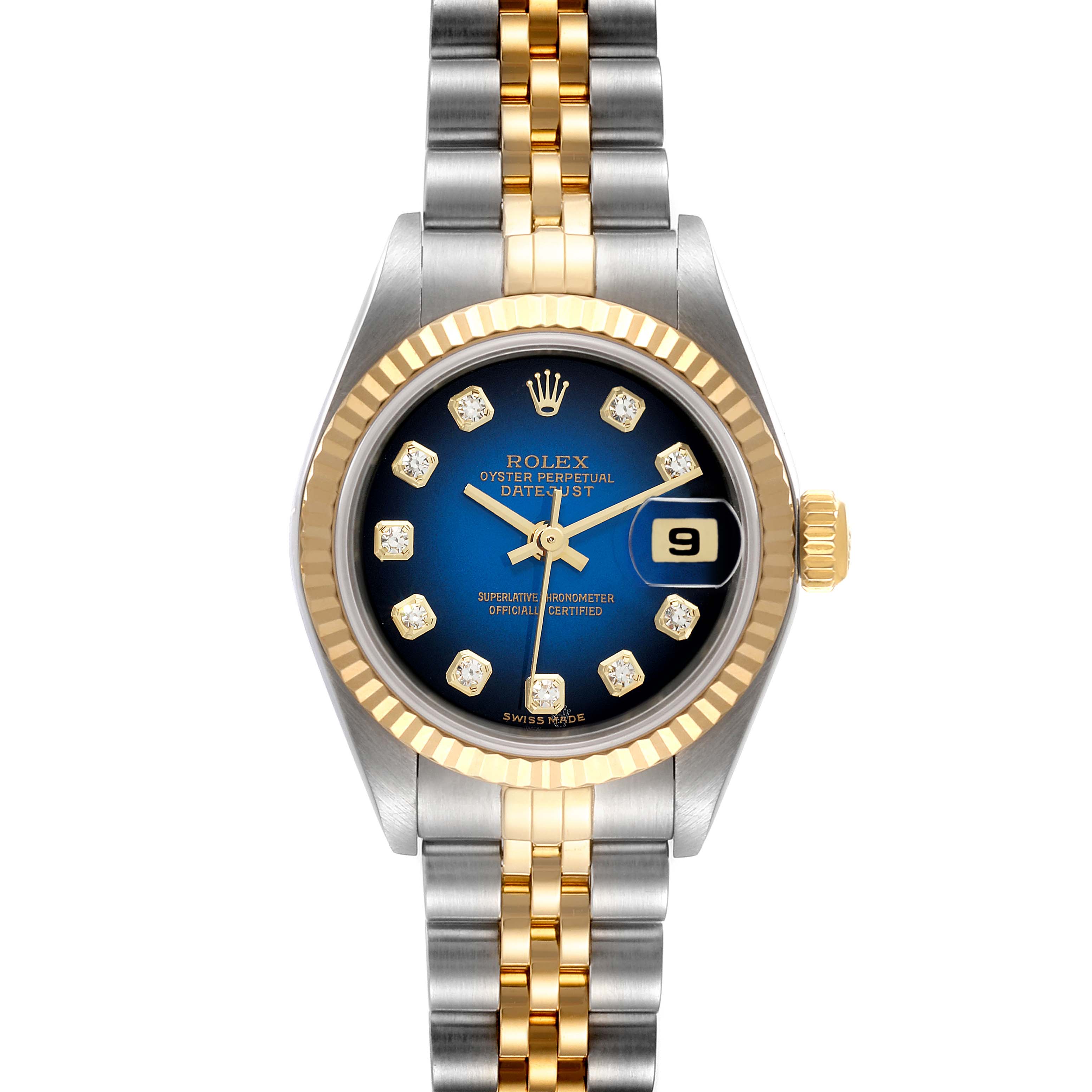 This image shows a front view of a Rolex Datejust 79173 Women
s Steel and Gold (two tone) Blue Dial 79173 Women
s Steel and Gold (two tone) Blue Dial watch, highlighting its two-tone bracelet, blue dial, and date display.