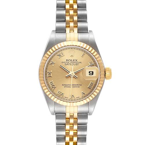 This Rolex Datejust watch is shown from a top-down angle, displaying the face, bezel, and part of the bracelet.