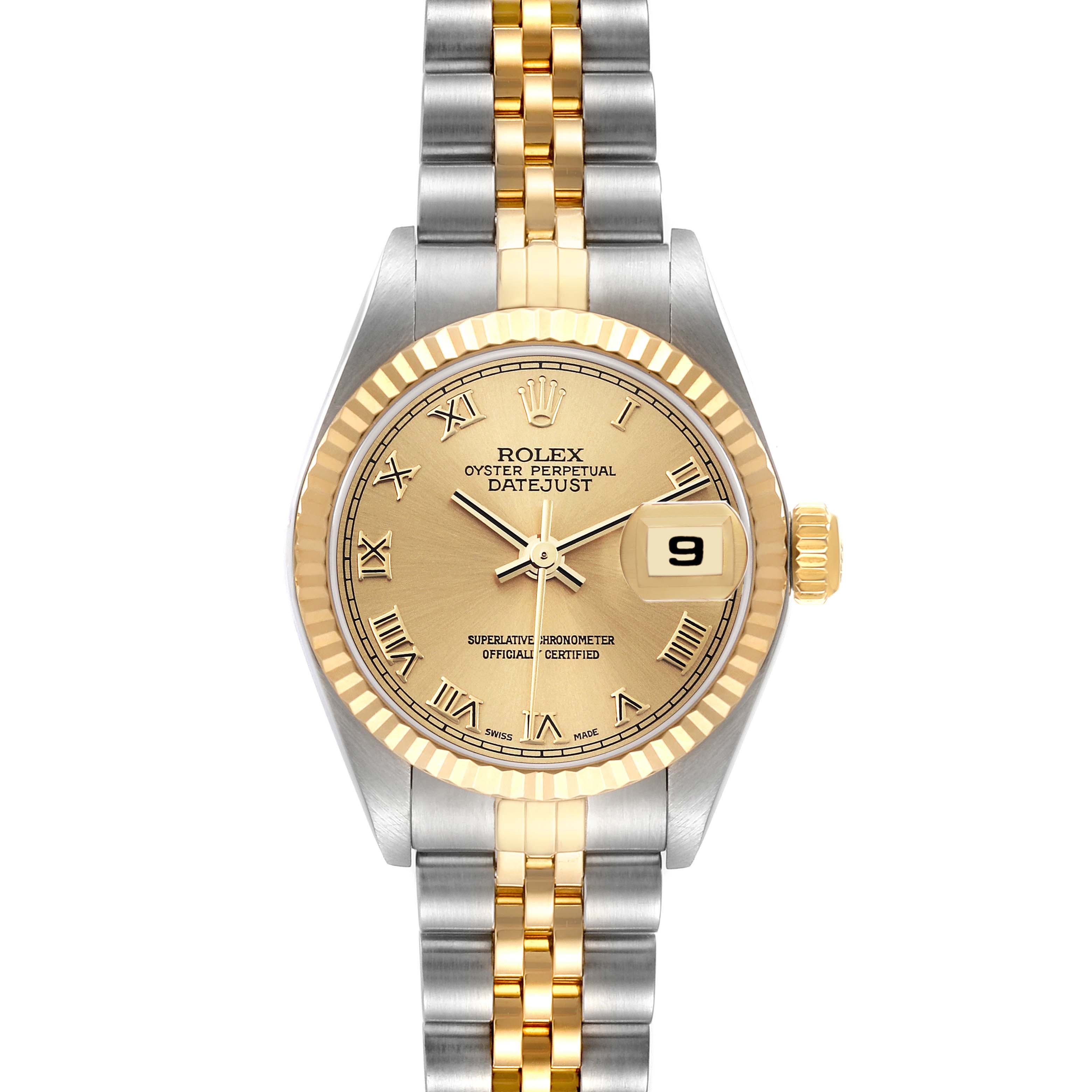 The image shows a top-down view of a Rolex Datejust 79173 Women's Steel and Gold (two tone) Champagne Dial 79173 Women's Steel and Gold (two tone) Champagne Dial watch, highlighting the dial, bracelet, case, and crown.