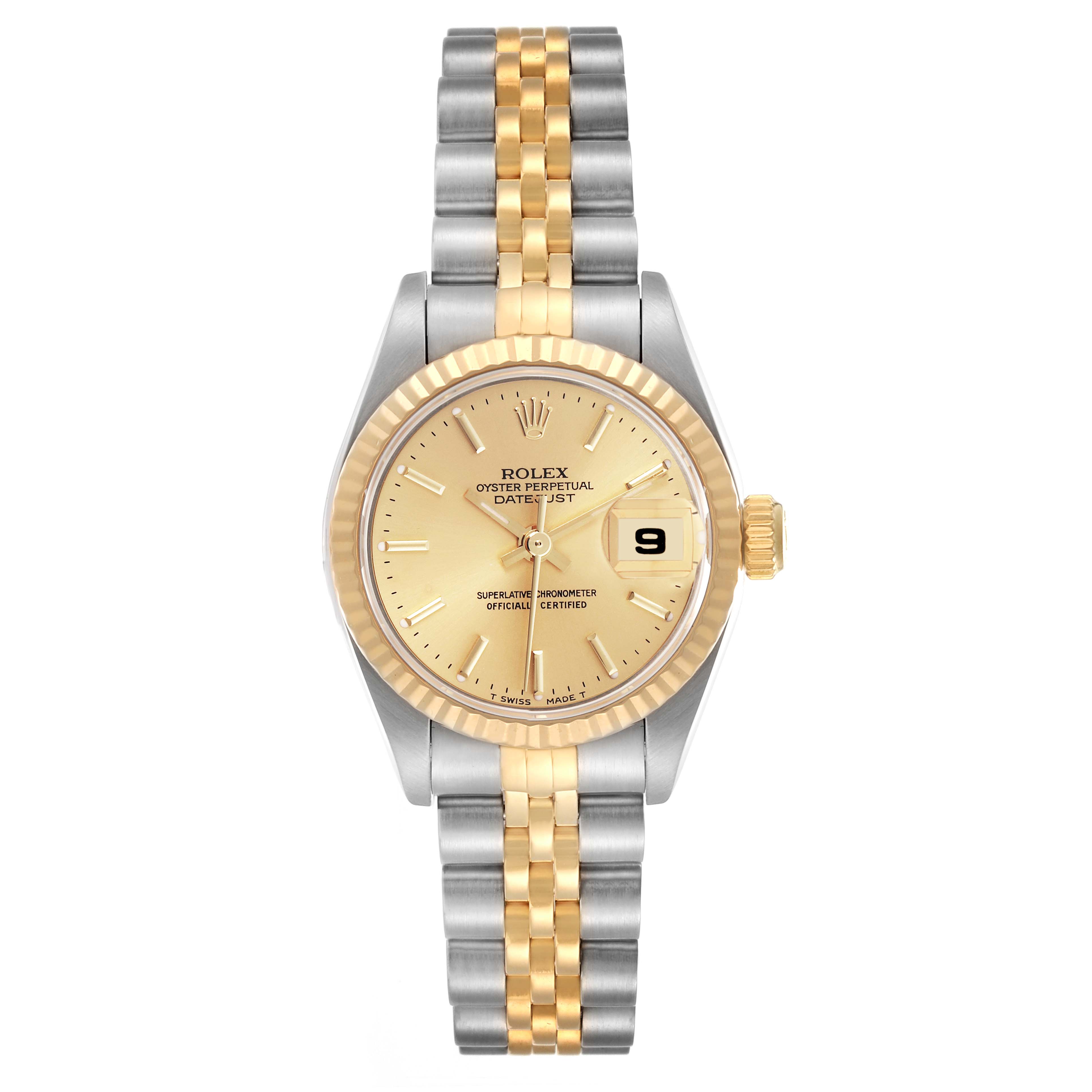 The image shows a front view of the Rolex Datejust model 79173 men's watch, highlighting the dial, two-tone bracelet, gold fluted bezel, and date feature.
