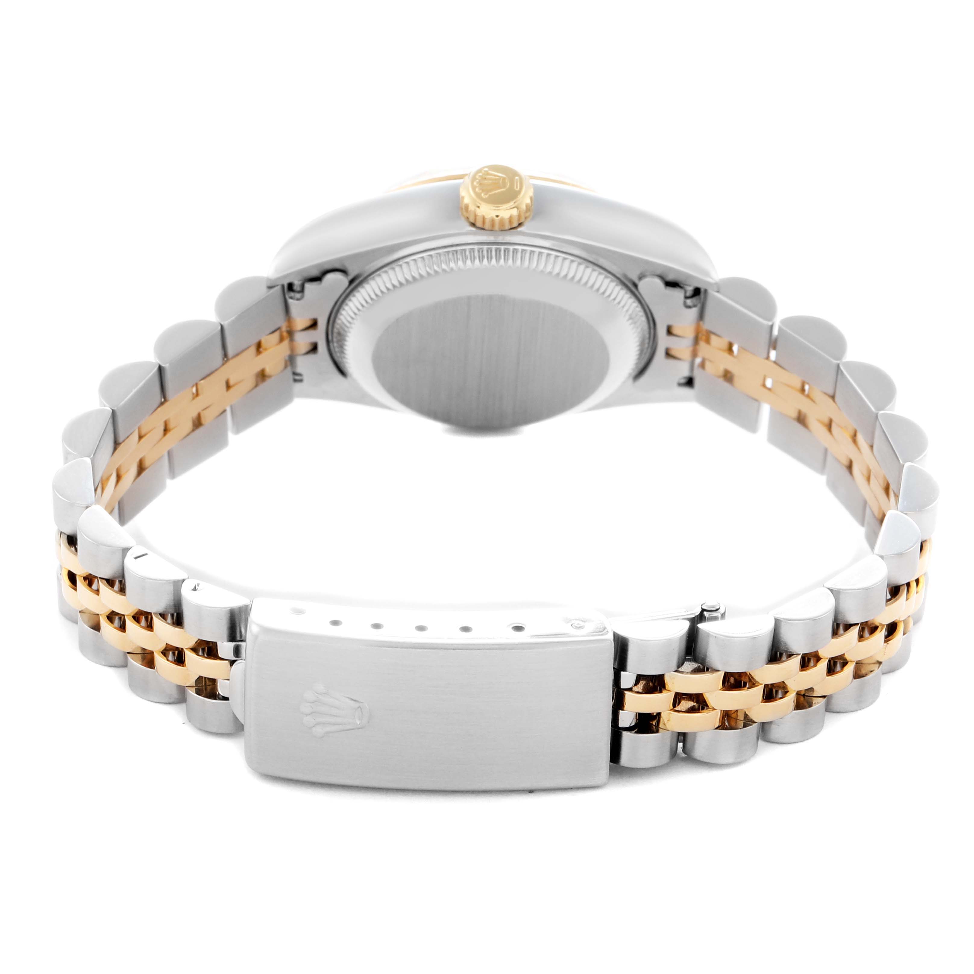 The image shows the backside of a Rolex Datejust model 79173 men's watch, highlighting the clasp, case back, crown, and two-tone bracelet.