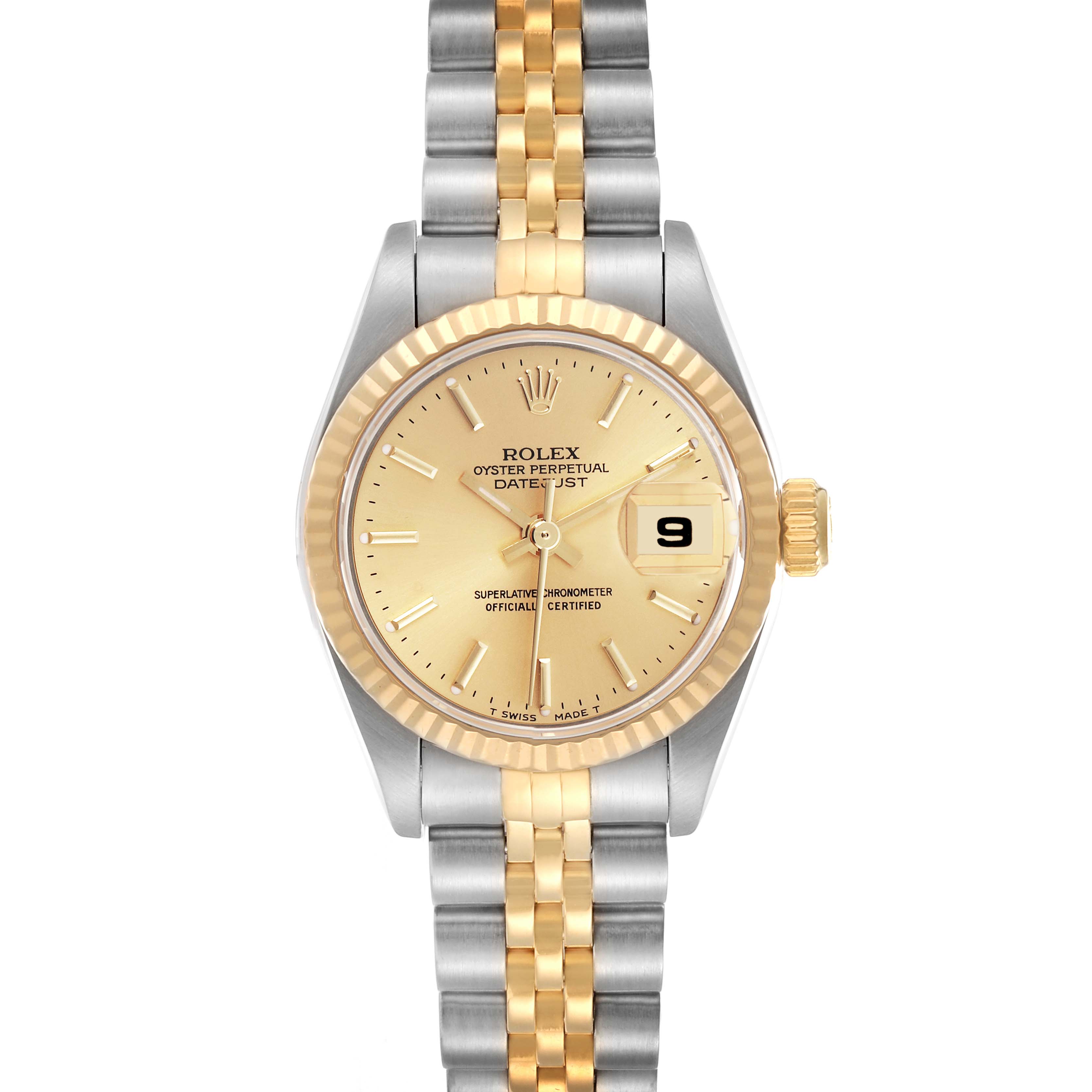 The image shows a Rolex Datejust model 79173 men's watch from a front angle, highlighting the dial, bezel, case, and bracelet.
