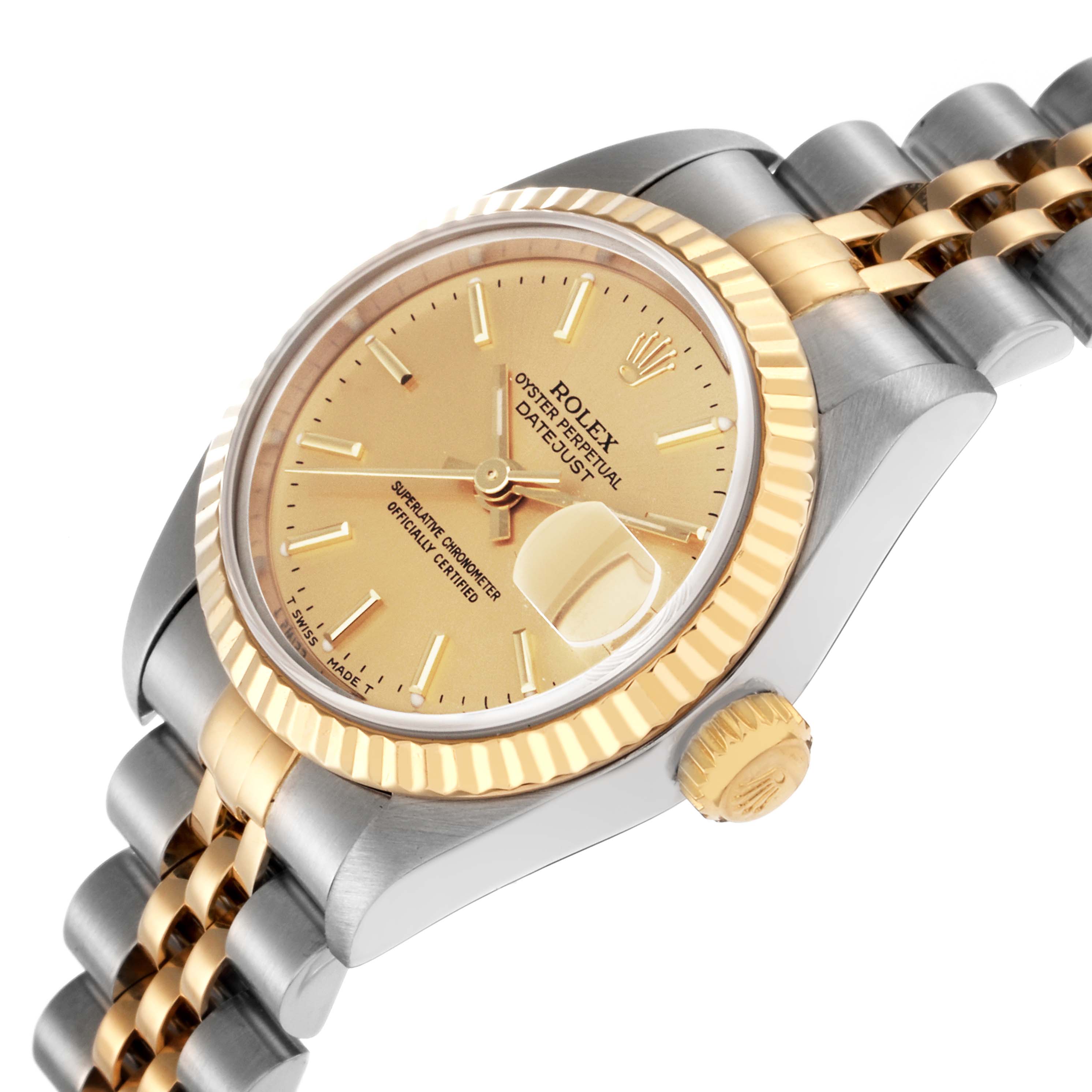The Rolex Datejust model 79173 is shown at a slight angle, highlighting its gold dial, fluted bezel, jubilee bracelet, and crown.