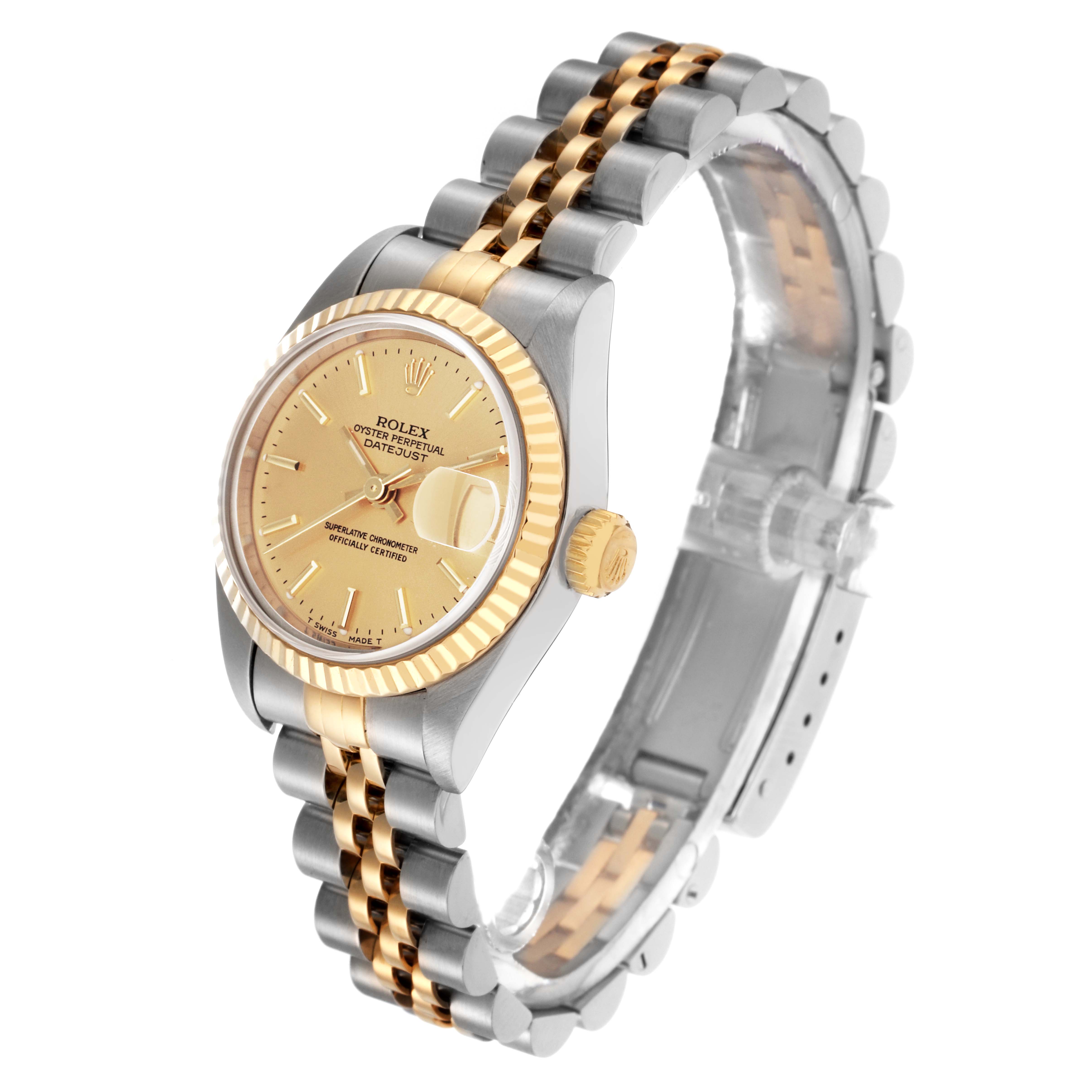 The image shows a side view of a Rolex Datejust model 79173, highlighting its two-tone bracelet, fluted bezel, and gold dial with the date feature.