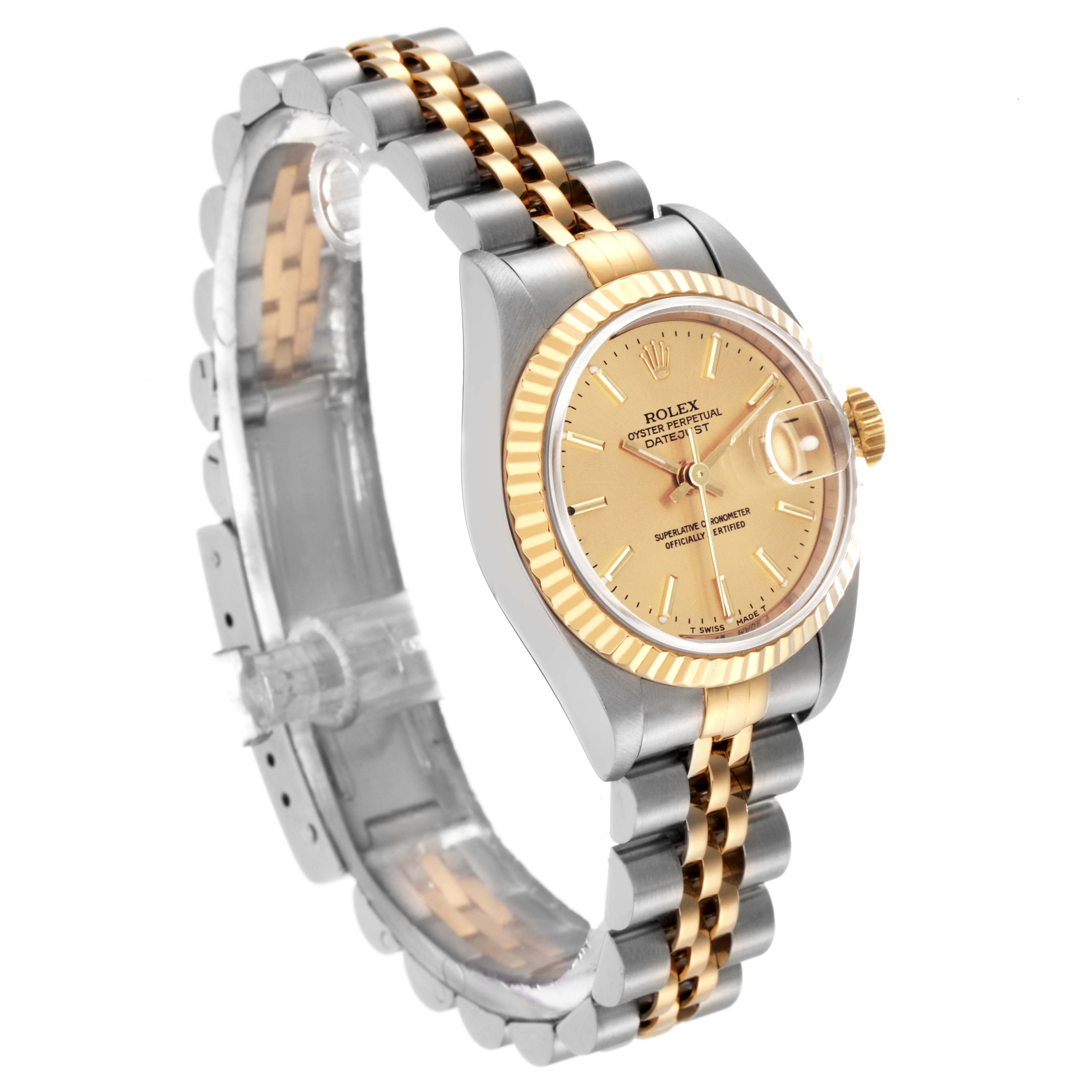 The Rolex Datejust model 79173 is shown at a three-quarter angle, highlighting the watch face, fluted bezel, and two-tone Jubilee bracelet.