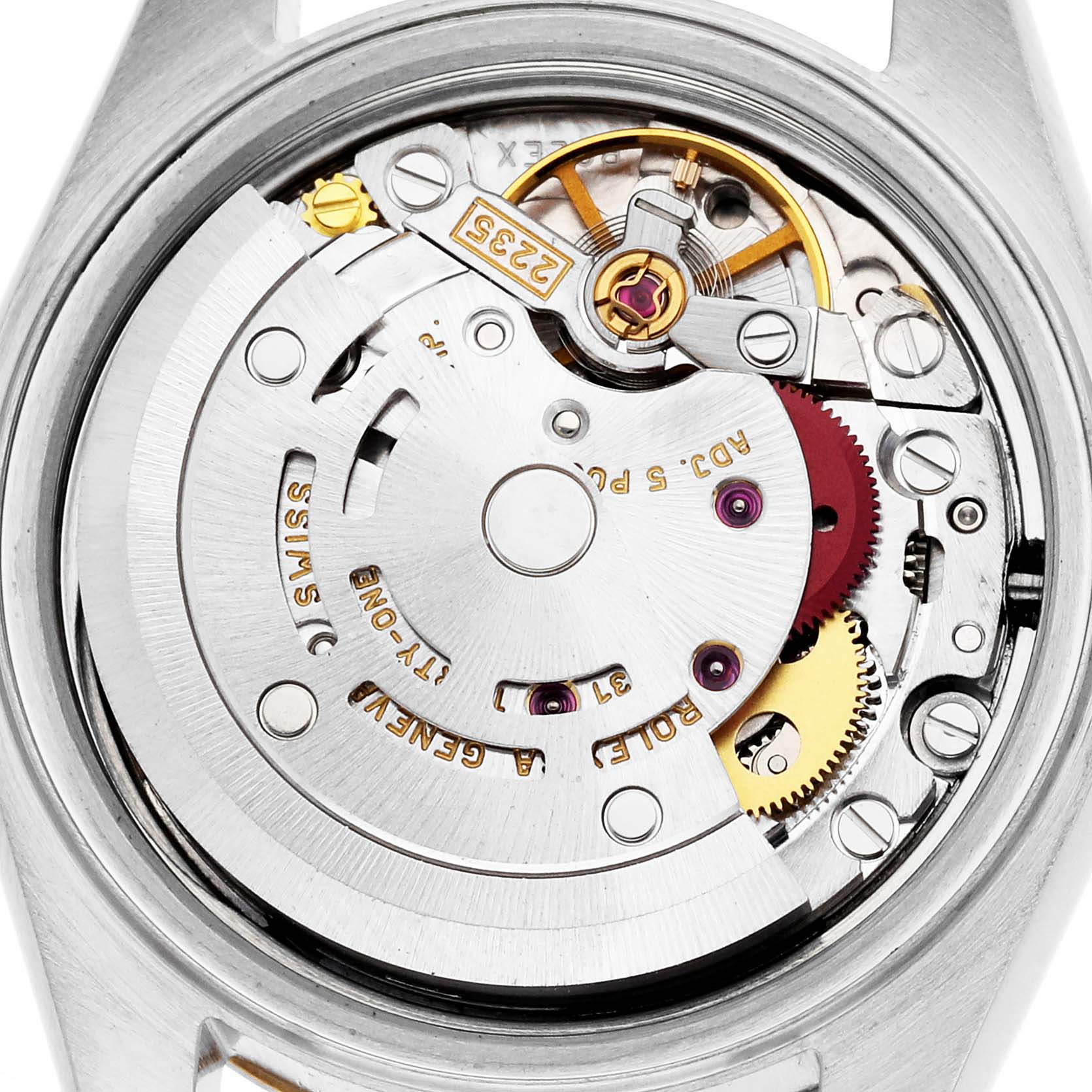 The image shows the movement of a Rolex Datejust, model number 79173, viewed from the back to highlight the internal mechanical components.