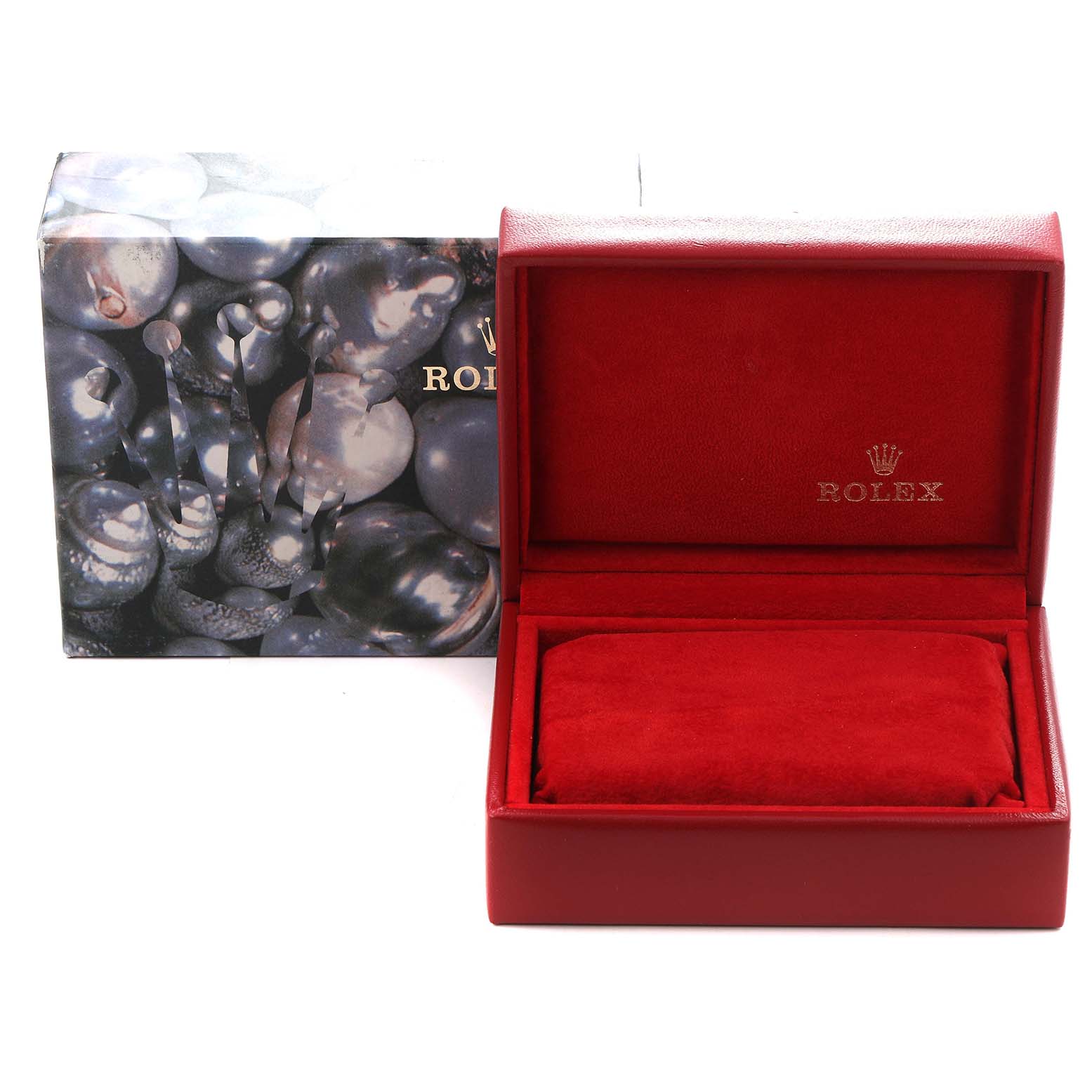 The image shows a Rolex Datejust model 79173 men's watch box open, alongside its decorative outer box, photographed from the front.